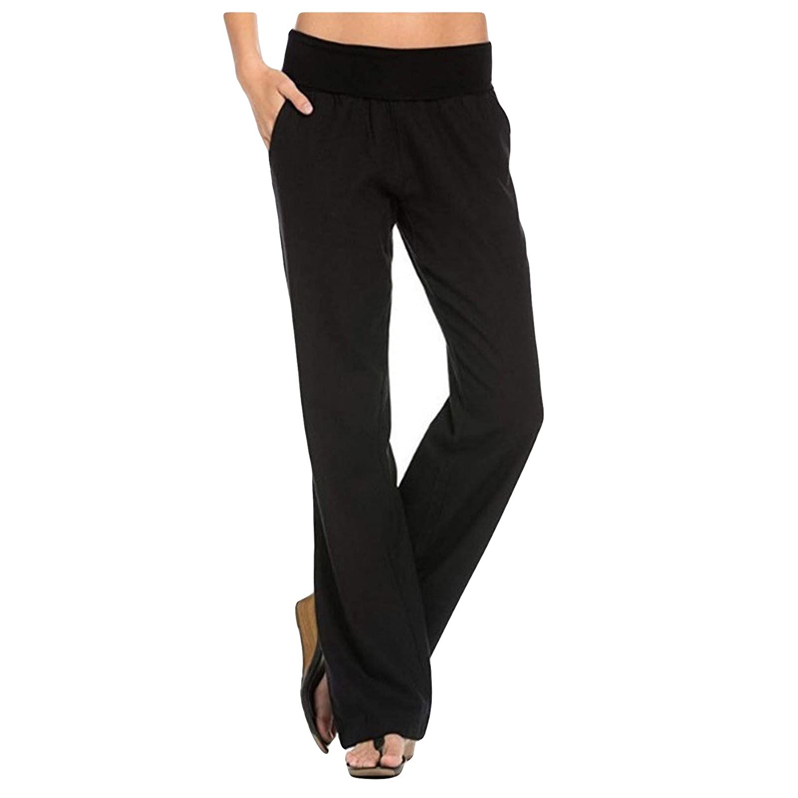 BZSHBS Women's Linen Pants - Straight Leg Beach Pants with Elastic Waist & Pockets | Summer Casual Trousers for Vacation, Yoga & Everyday Wear