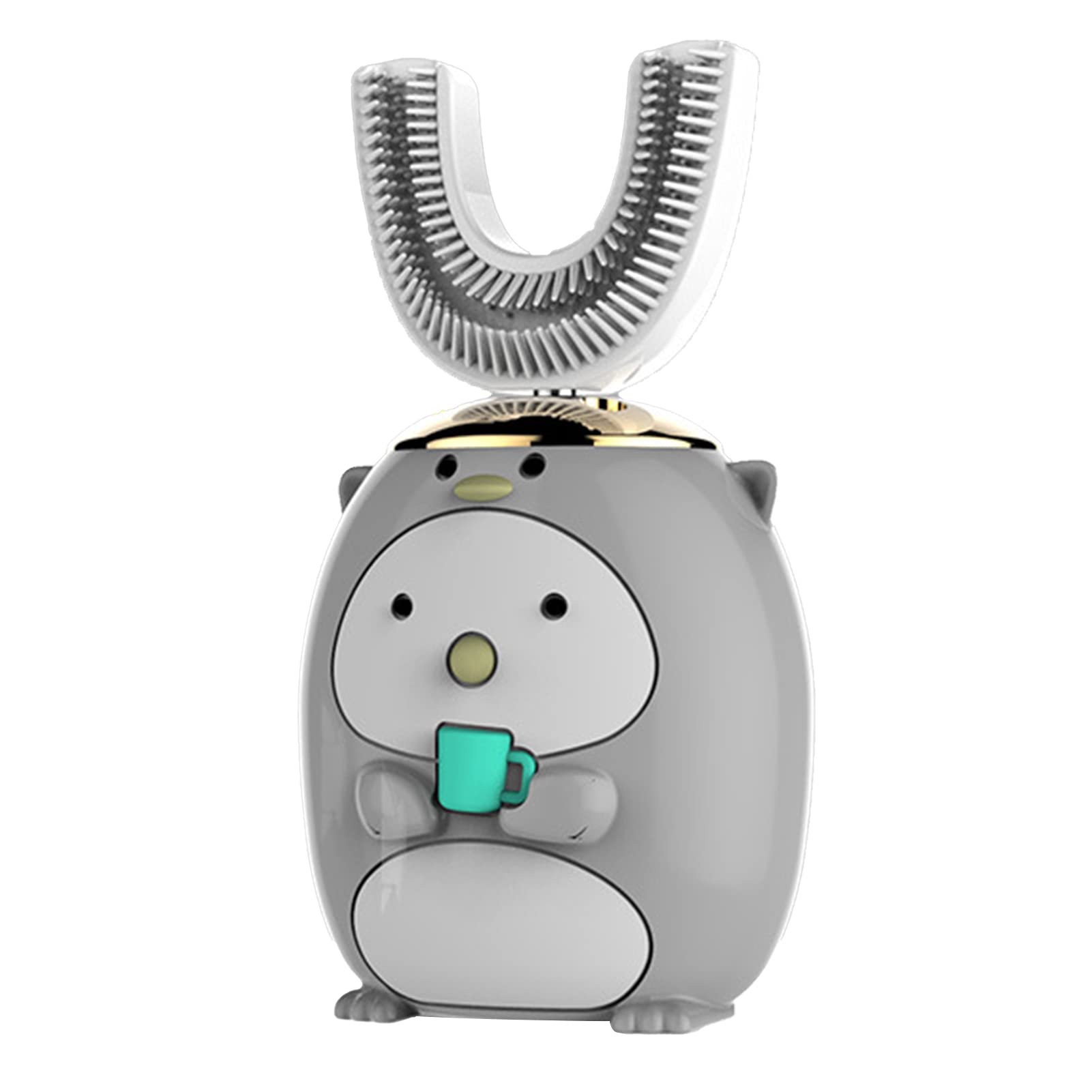 **JENPECH Kids Electric Toothbrush - U-Shaped 360° Ultrasonic Cleaning, Waterproof, Gray Penguin Design for Ages 6-14 | Perfect for Gentle & Effective Teeth Cleaning at Home or Travel**