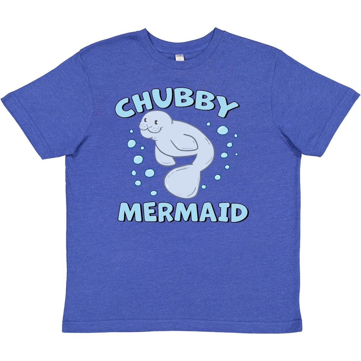 Inktastic Chubby Mermaid with Cute Manatee and Bubbles Youth T-Shirt - Fun Graphic Tee for Kids, Girls & Boys | Perfect for Beach Trips, Pool Parties & Summer Vacations