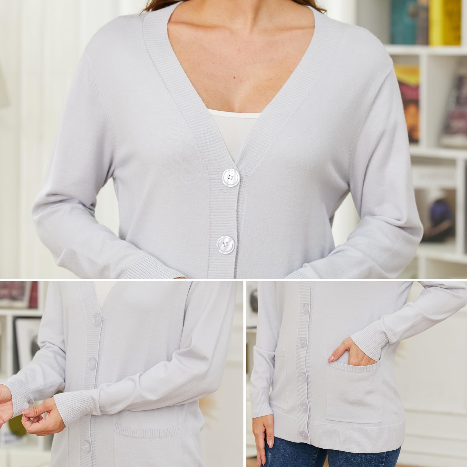 Lightweight V-Neck Button Down Cardigan Sweater for Women - Classic Long Sleeve Knit Cardigan | Perfect for Office, Casual Outfits & Layering in Fall/Winter