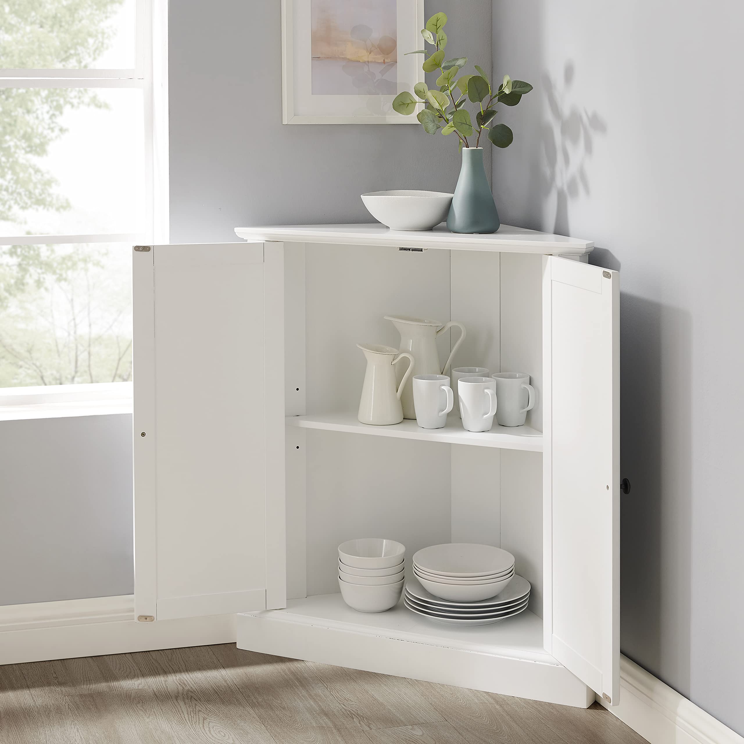 Crosley Furniture Shoreline Stackable Corner Pantry Cabinet with Adjustable Shelves - White Kitchen Storage Organizer for Pantry, Dining Room & Laundry Room - Space-Saving Corner Solution for Small Homes & Apartments