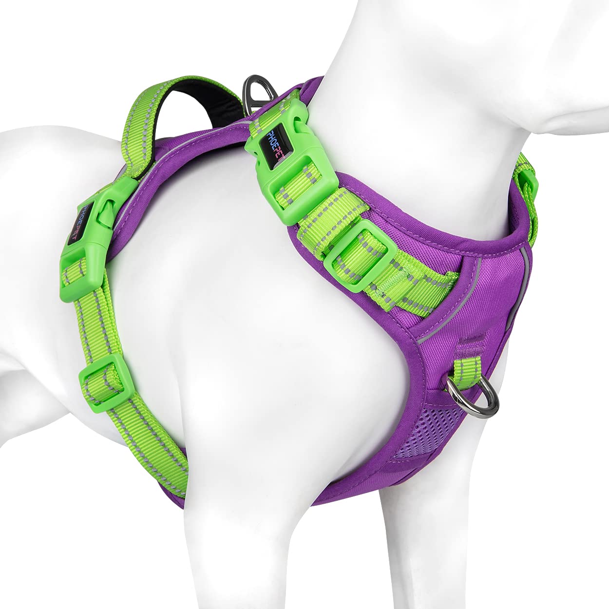 PHOEPET No Pull Dog Harness - Reflective Adjustable Vest with Soft Training Handle & Metal Clips for Small, Medium, Large Dogs - Purple Base & Green Straps (XS) | Perfect for Walking, Training & Nighttime Safety
