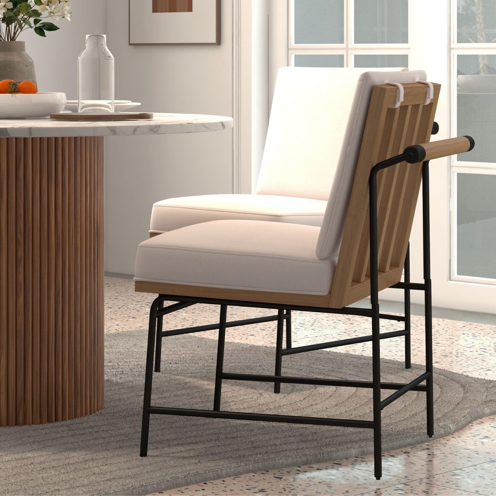 Mid Century Modern PU Leather Dining Chairs Set of 2 - Upholstered Square Back Kitchen Chairs with Sturdy Metal Legs & Wood Frame - Armless Parsons Chairs for Dining Room, Kitchen, Restaurant or Office Reception - Beige Home Decor