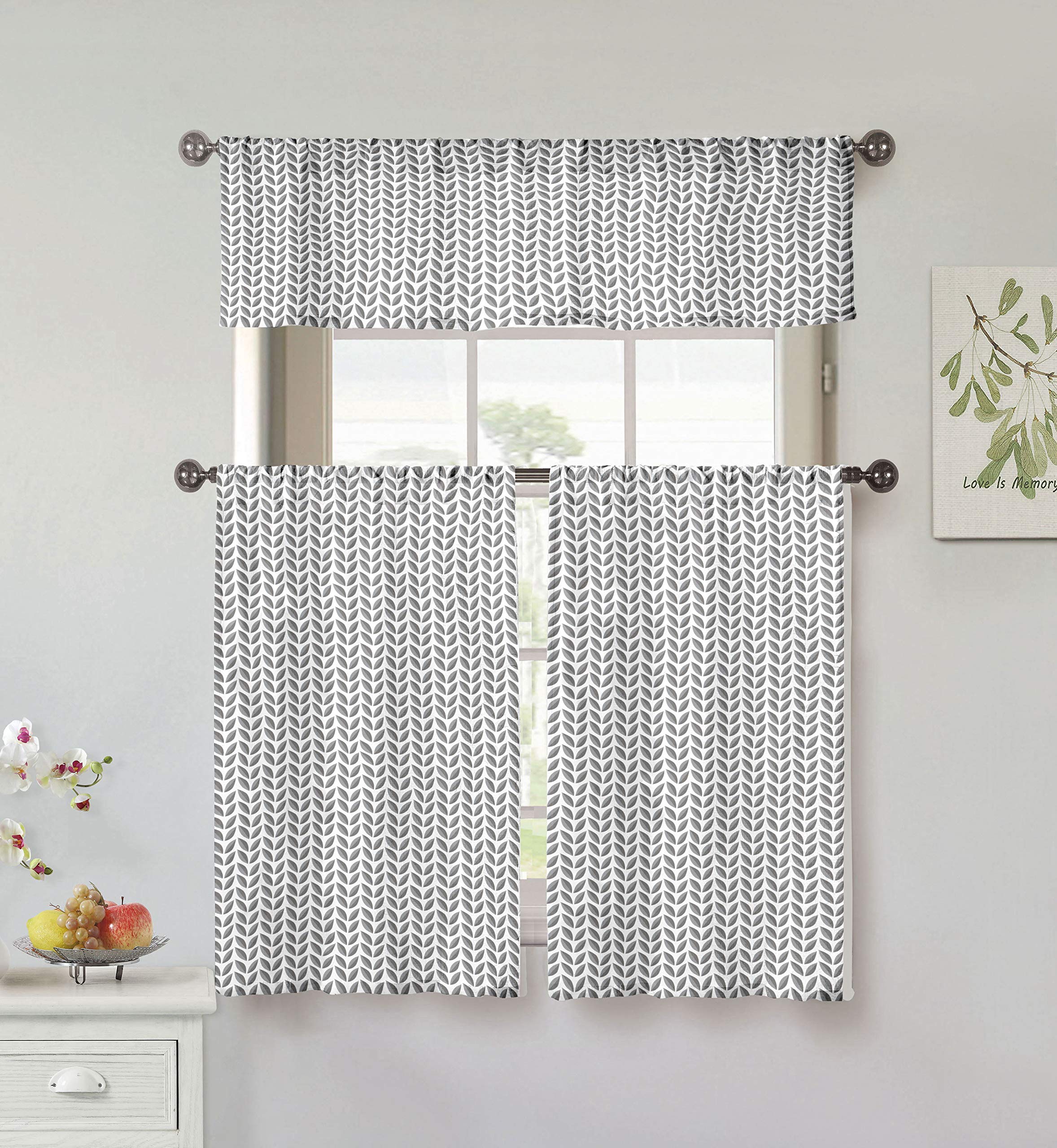 Kensie Filip Kitchen Window Curtains and Valances Set - 58x15 & 29x36 Inches, 2-Piece Gray Cafe Curtains for Farmhouse, Cottage Style - Perfect for Kitchen Windows, Breakfast Nook & Cozy Dining Areas