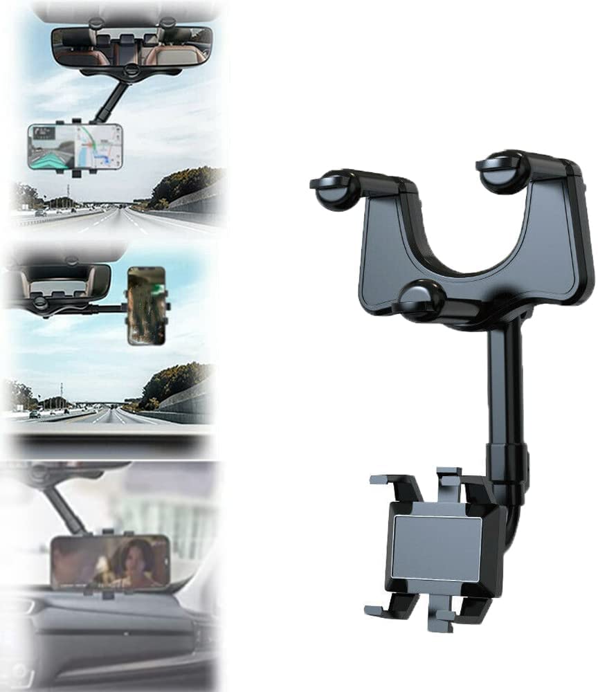 360° Universal Rotatable Car Phone Holder - Adjustable & Retractable Rearview Mirror Mount for iPhone, Samsung & All Smartphones - Perfect for GPS Navigation, Hands-Free Calls & Safe Driving