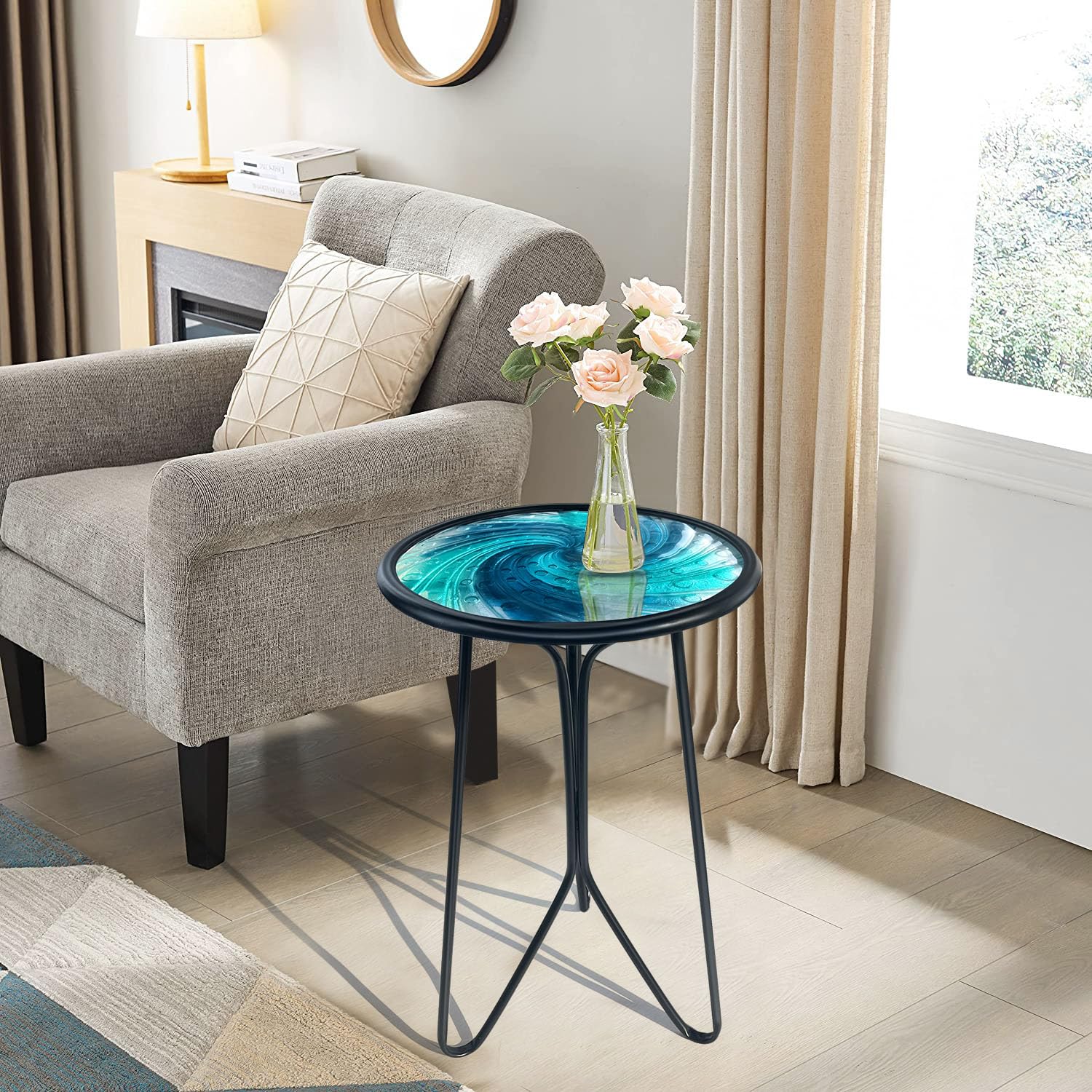 LIFFY 12-Inch Blue Glass Round Metal Patio Side Table - Small End Table for Outdoor, Porch, Balcony & Indoor Decor - Perfect for Coffee, Drinks & Plants