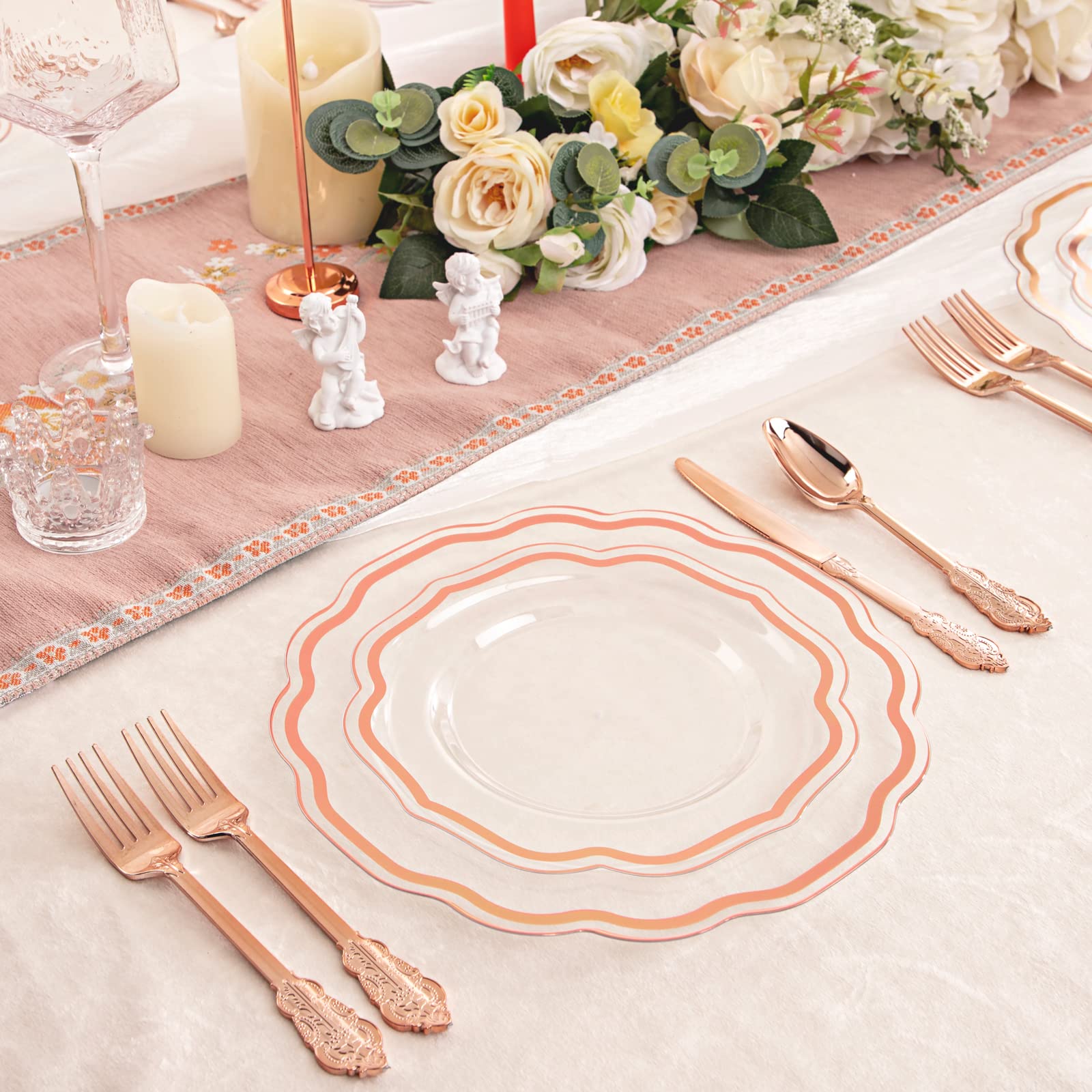 NOCCUR 150-Piece Rose Gold Plastic Dinnerware Set - 30 Dinner Plates, 30 Salad Plates, 90 Disposable Forks, Knives & Spoons - Elegant Disposable Tableware for Wedding, Birthday Party, Baby Shower & Special Events