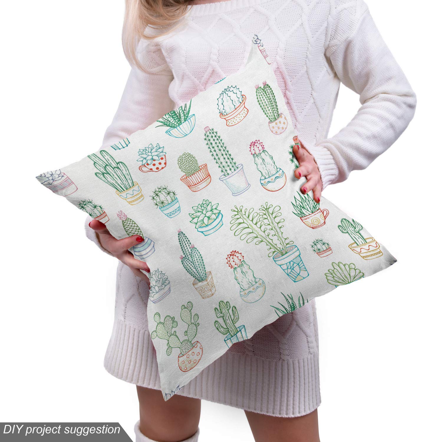 Ambesonne Agate Fabric by The Yard - Cactus & Tropical Plant Sketch Print, Minimalist Green & White Upholstery Material (10 Yards) for Sofa Covers, Pillows & Home Decor | Perfect for Boho, Desert & Modern Interior Design