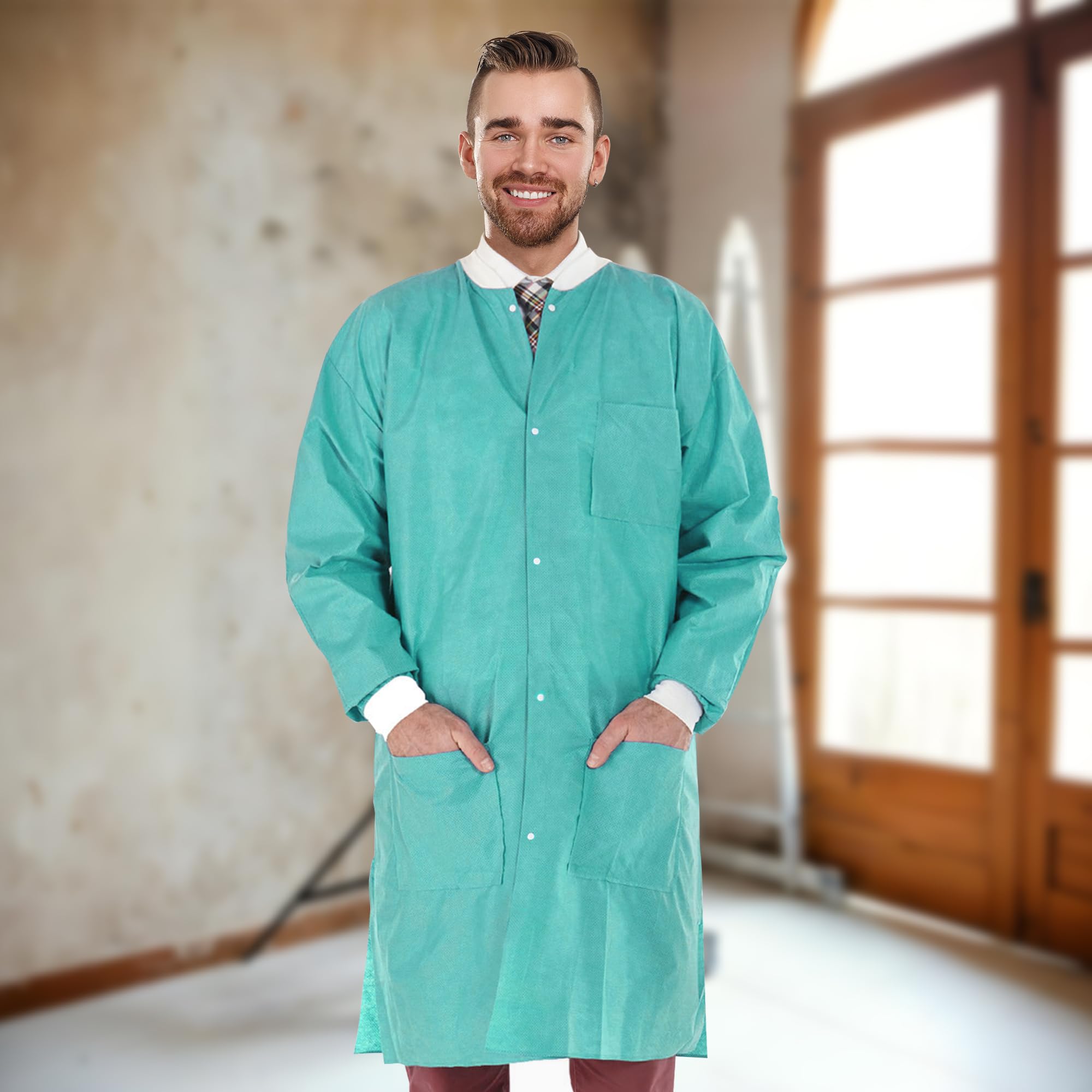 Disposable Lab Coats for Adults - 2X-Large Pack of 50, Teal Blue SMS Knee-Length Medical Lab Coats (45 GSM) with Cuffs, Collar & 3 Pockets - Ideal for Medical, Dental, Painting & Laboratory Use