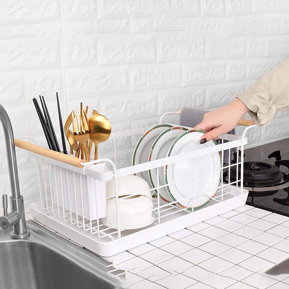 White Dish Rack with Cutlery Basket & Drip Tray - Space Saving Kitchen Countertop Organizer