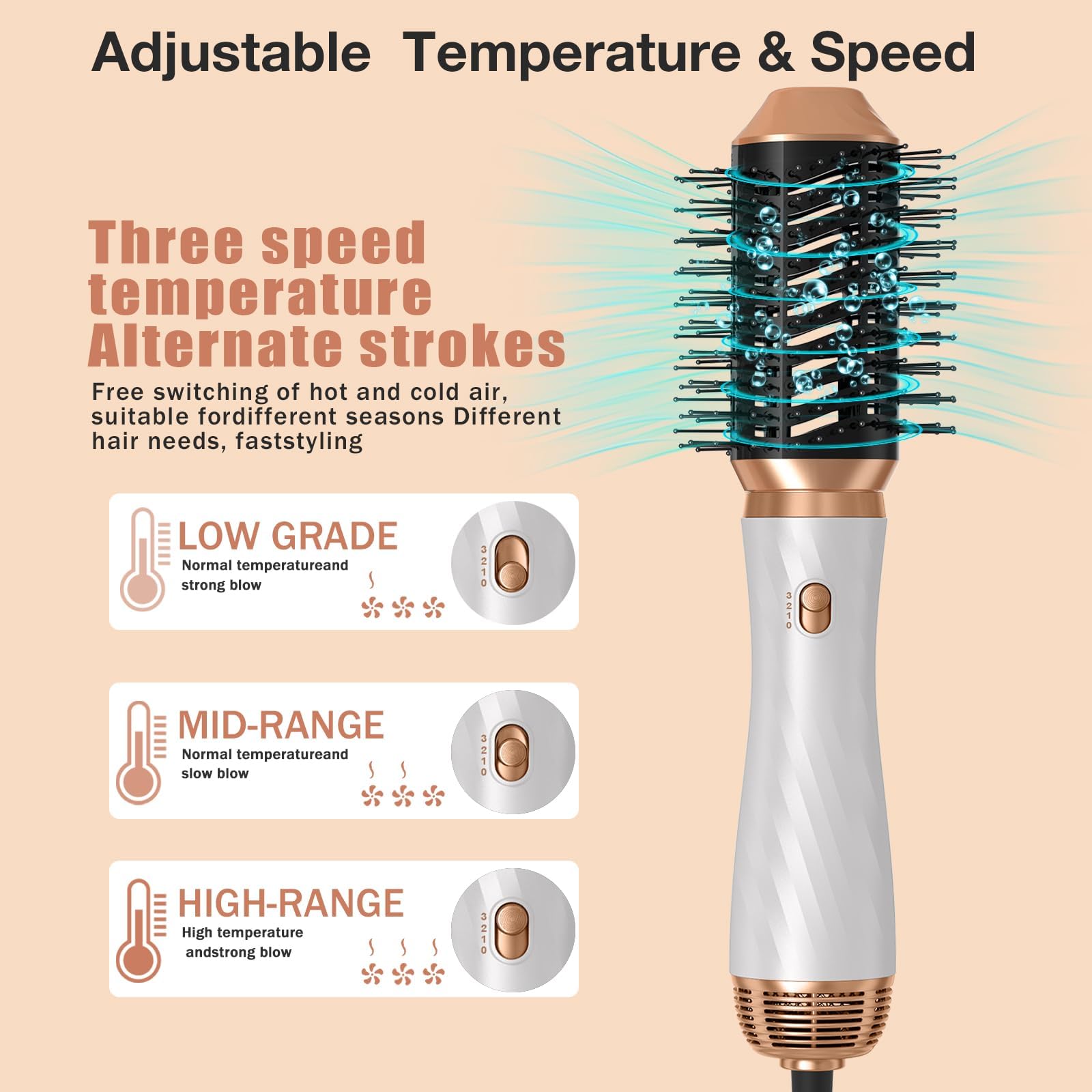 6-in-1 Blow Dryer Brush with Detachable Nozzle - Ionic Hot Air Styler & Curling Iron for Salon-Quality Hair at Home - Perfect for Travel, Styling, and Creating Voluminous Curls or Smooth Blowouts