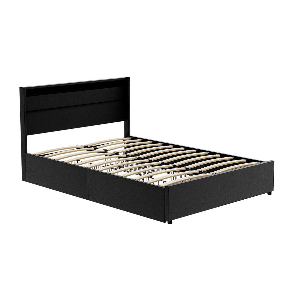 Dunelight LED Double Bed Frame with 4 Storage Drawers - Black | Modern Platform Bed with Underbed Storage & Ambient Lighting | Perfect for Small Bedrooms, Apartments & Guest Rooms