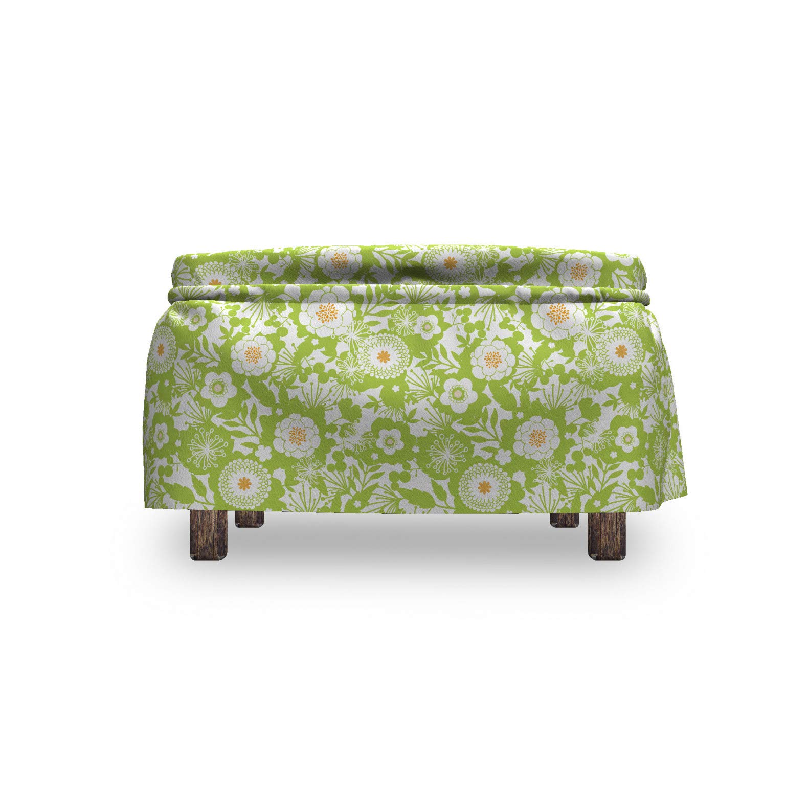 Ambesonne Botanical Ottoman Cover Set - 2 Piece Slipcover with Ruffle Skirt for Square/Round Footstools | Abstract Floral Design in Apple Green & Pale Orange | Home Decor Accent for Living Room, Bedroom & Nursery