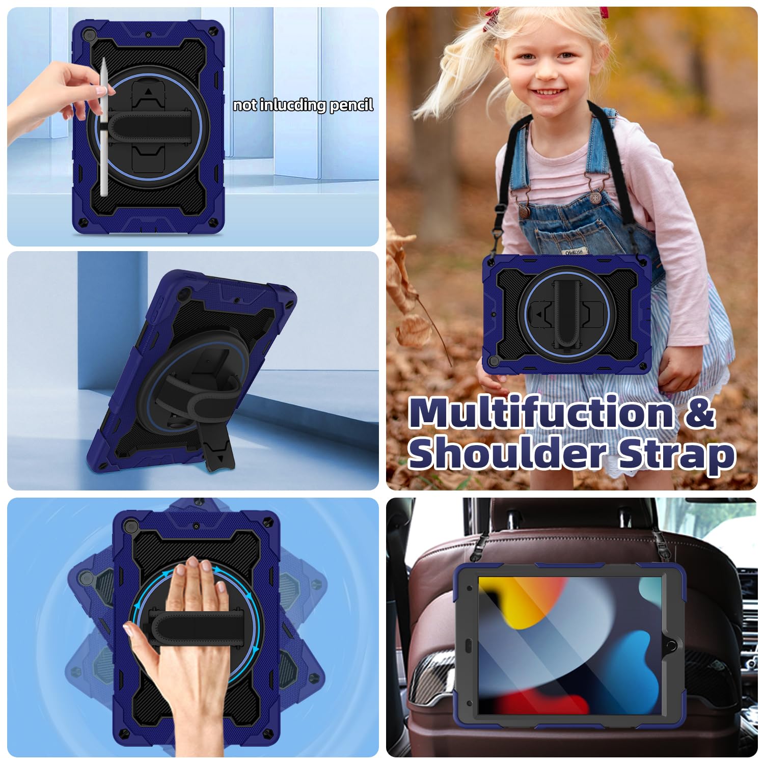 Shockproof iPad 10.2 Inch Case for Kids Boys - Compatible with iPad 9th/8th/7th Generation (2021/2020/2019) | Includes Screen Protector, Rotating Stand, Hand Strap, Shoulder Strap & Pencil Holder | Perfect for School, Travel & Outdoor Activities