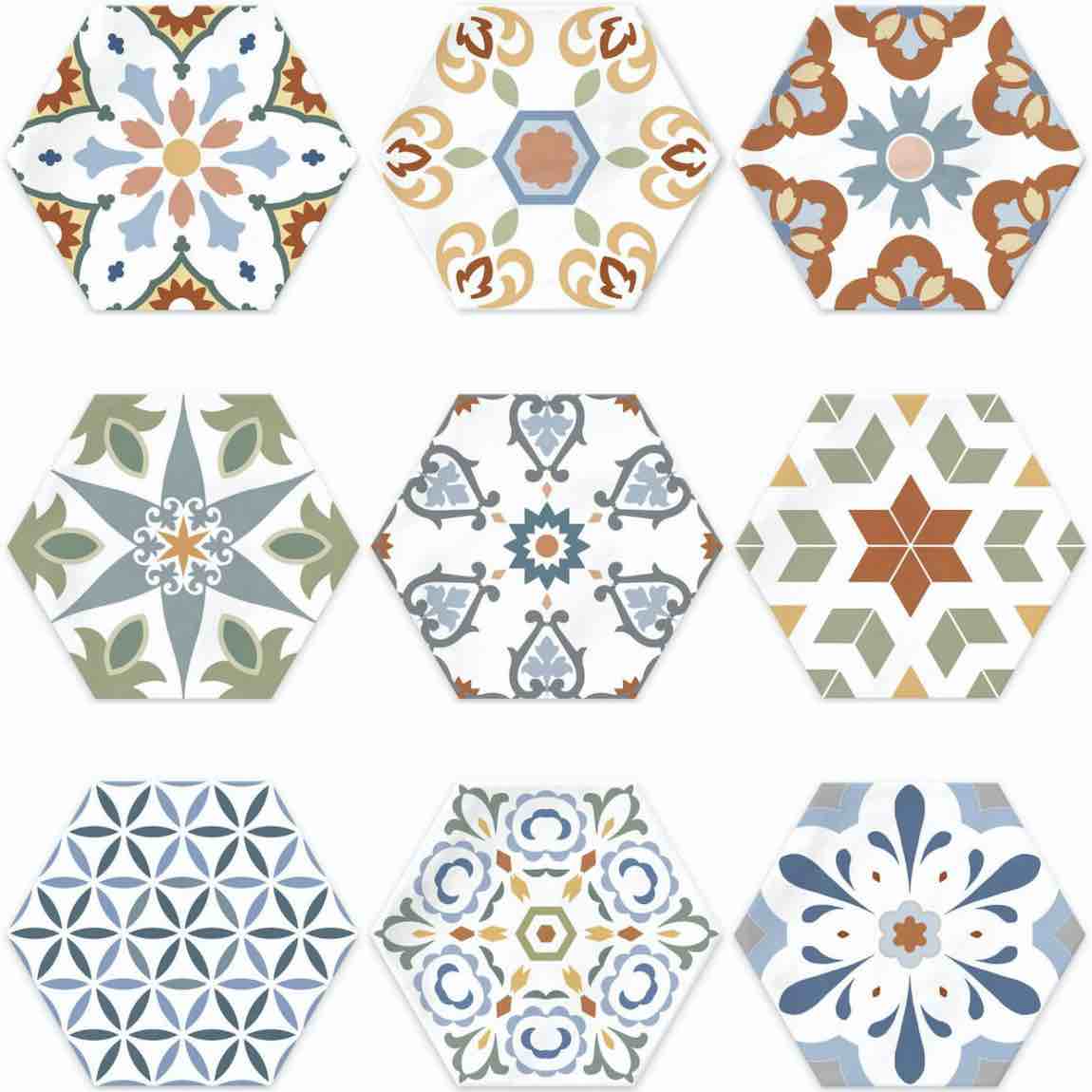 Hexagon Porcelain Tile 6x7 Inch - Multicolor Geometric Patterned Ceramic Wall & Floor Tile for Kitchen Backsplash, Bathroom, and Shower