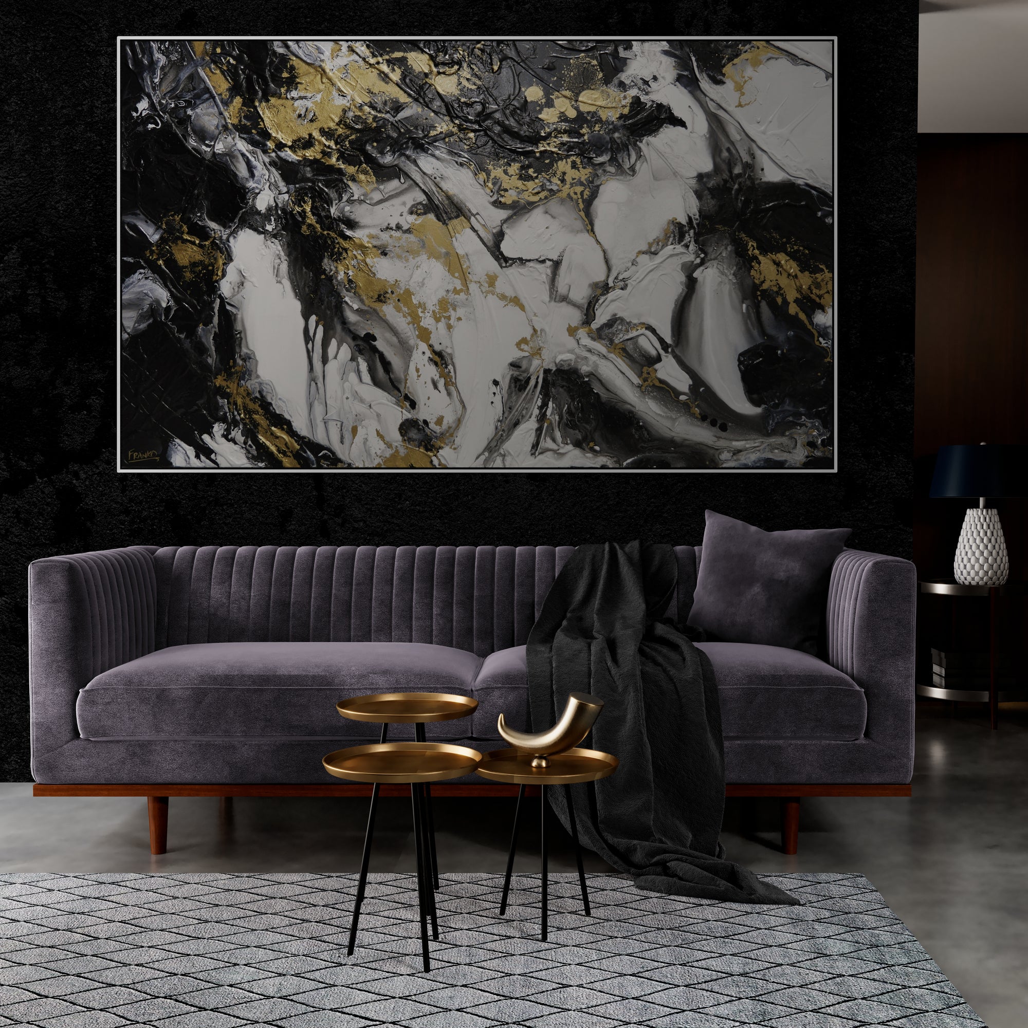 200cm x 120cm Black White Gold Abstract Textured Canvas Art - Modern Metallic Wall Painting for Living Room, Bedroom & Office Decor