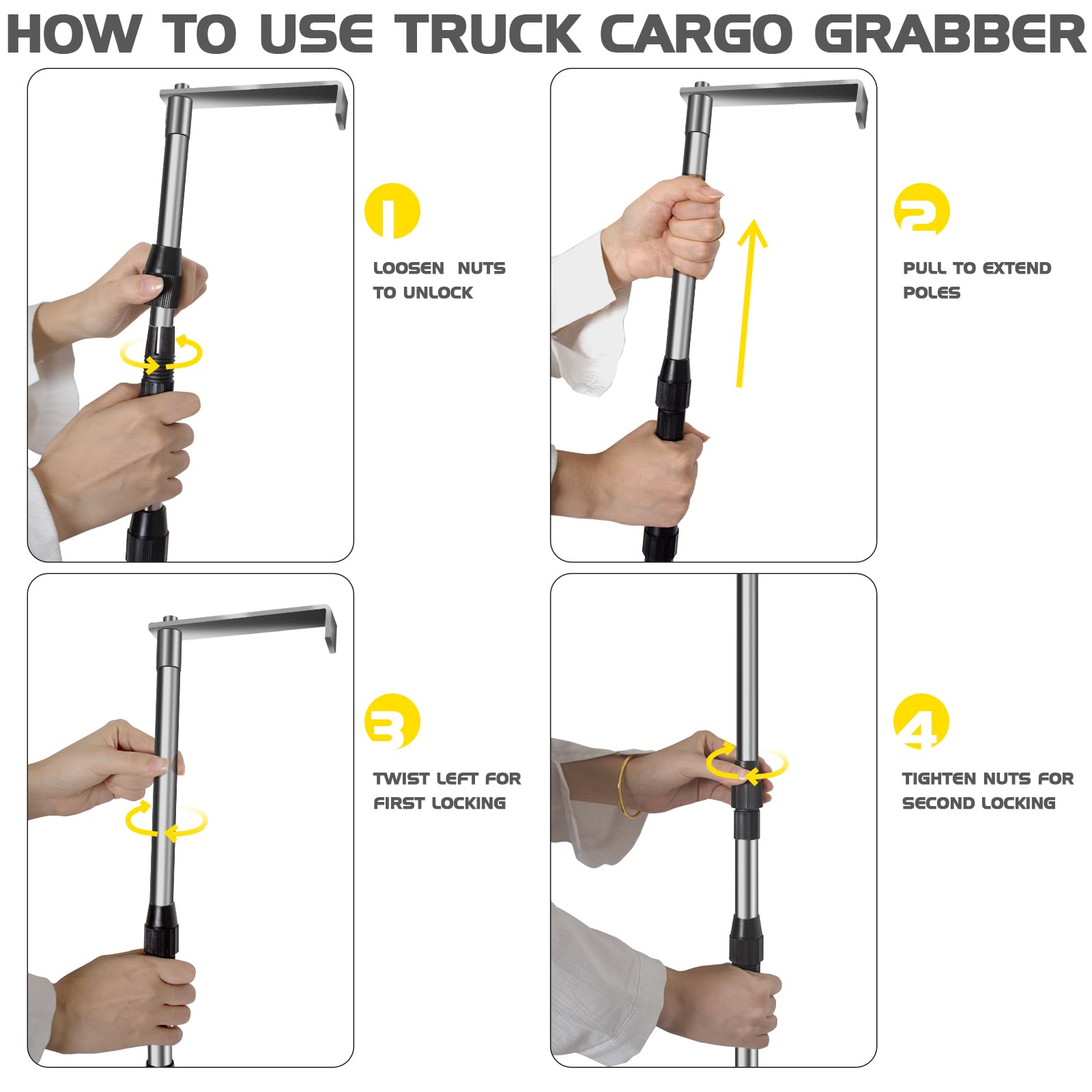 Heavy Duty 6.3FT Cargo Grabber Pickup Truck Bed Retriever with 2 Hooks - Durable Truck Bed Accessory for Easy Loading/Unloading & Hard-to-Reach Items