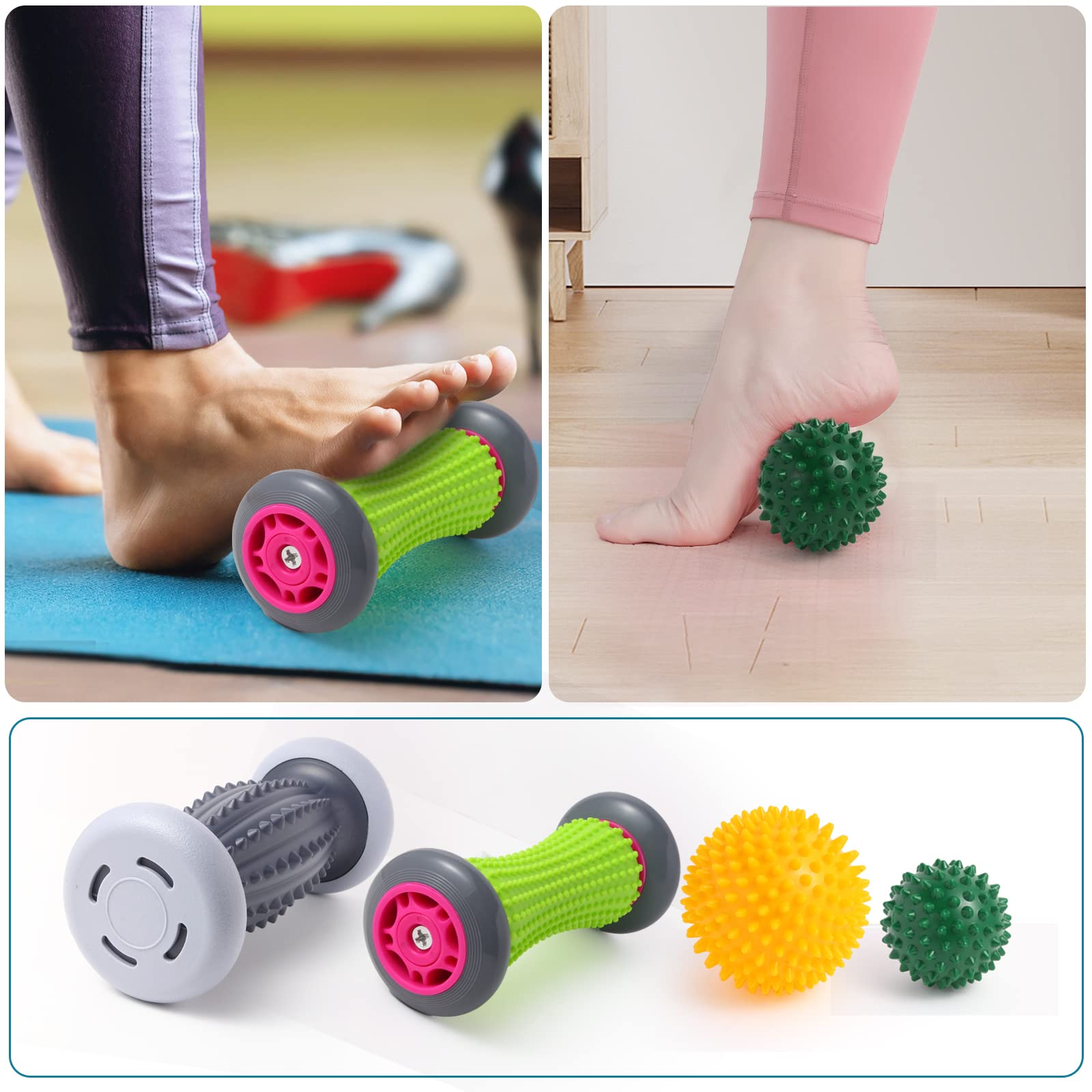 Plantar Fasciitis Relief Foot Massager Roller - Large Green Foot Therapy Tool for Neuropathy & Reflexology - Includes 2 Massage Rollers & 2 Massage Balls - Perfect for Home, Office & Post-Workout Recovery