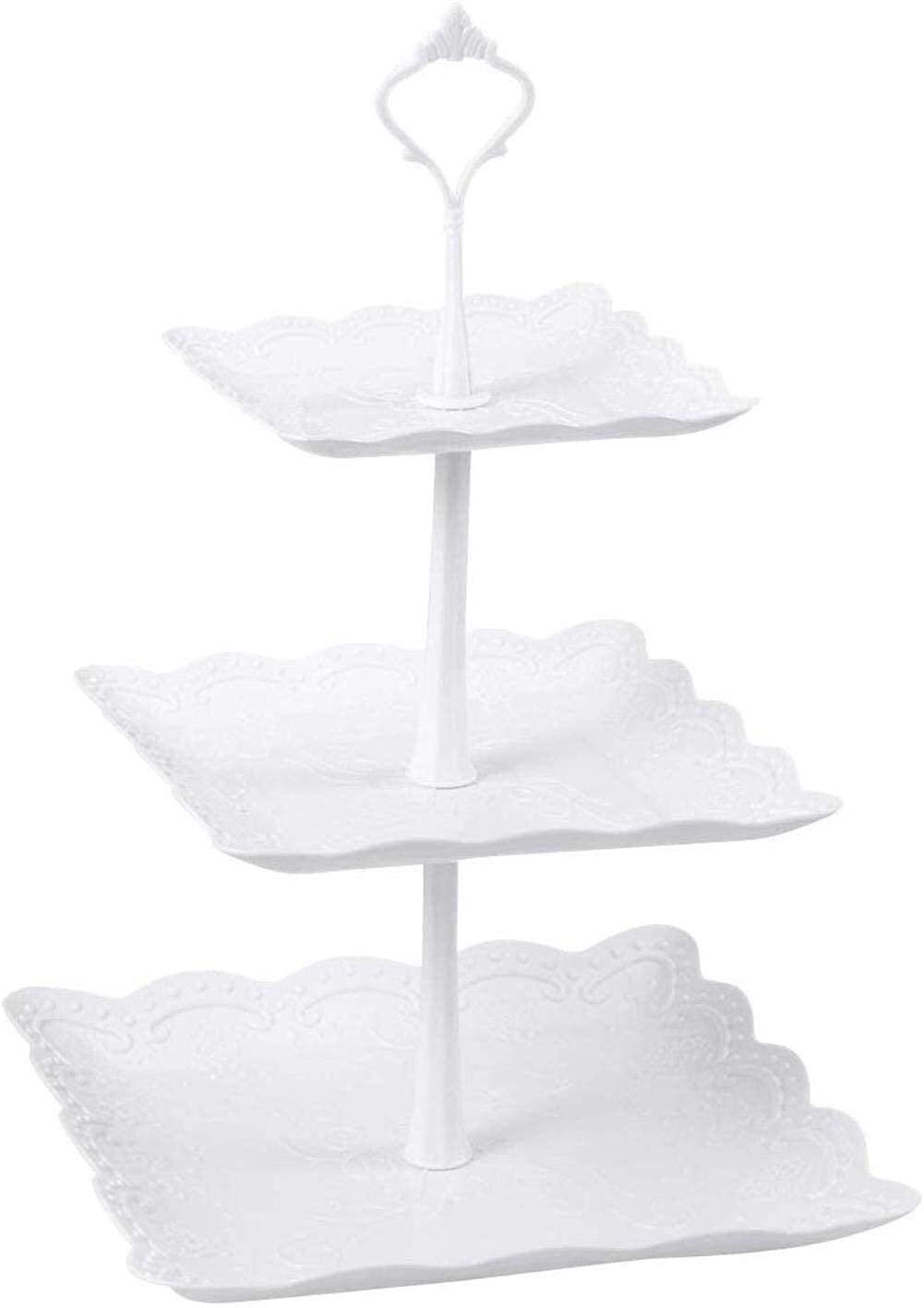 3-Tier Square Porcelain Cake Stand with White Rim - Elegant Tiered Serving Tray for Fruits, Cupcakes, Desserts | Perfect for Tea Parties, Weddings, and Countertop Display | Durable Fruit Basket & Snack Organizer for Home and Events