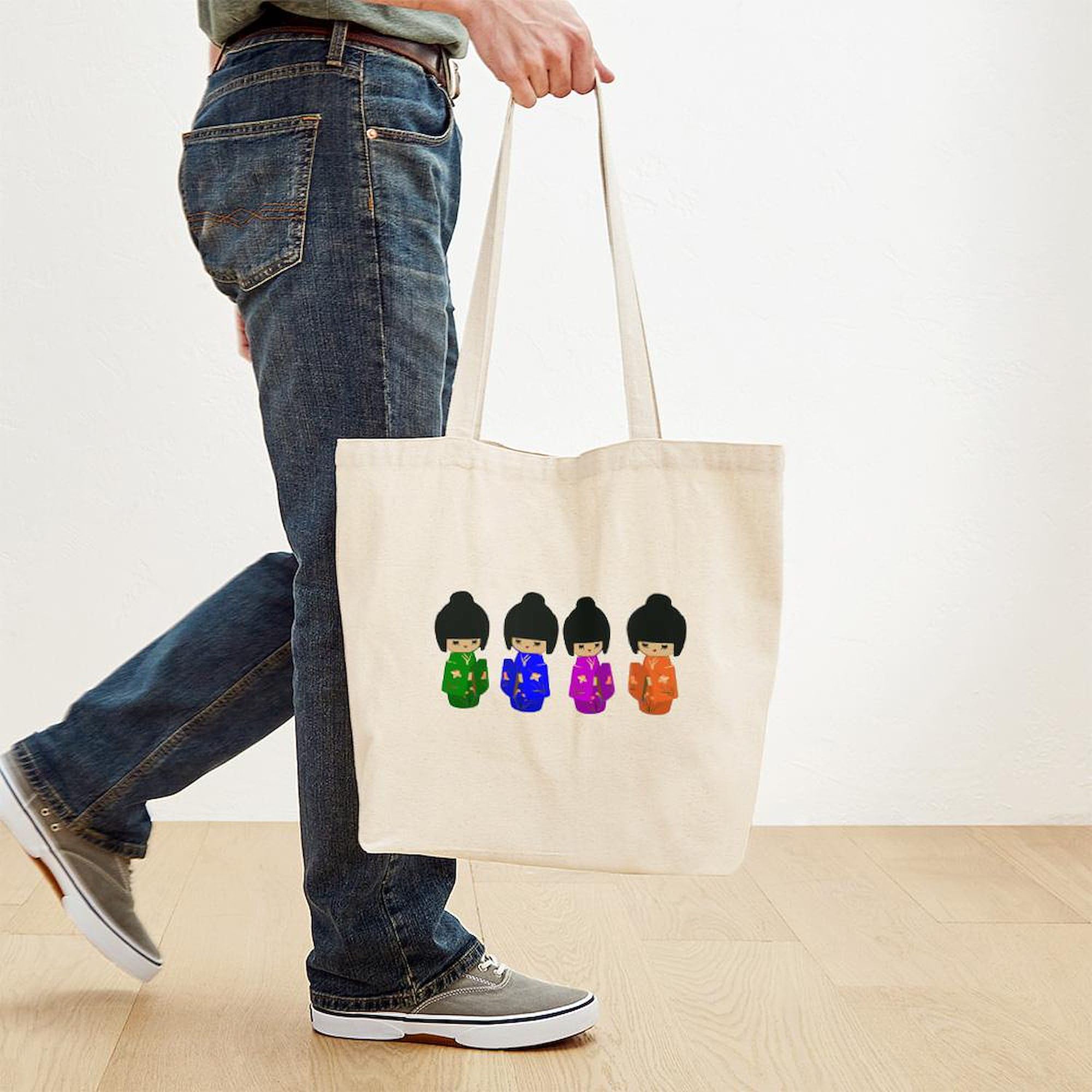 Cute Kokeshi Doll Art Tote Bag - Natural Canvas Reusable Shopping Bag for Groceries, Beach & Daily Use | Eco-Friendly & Durable