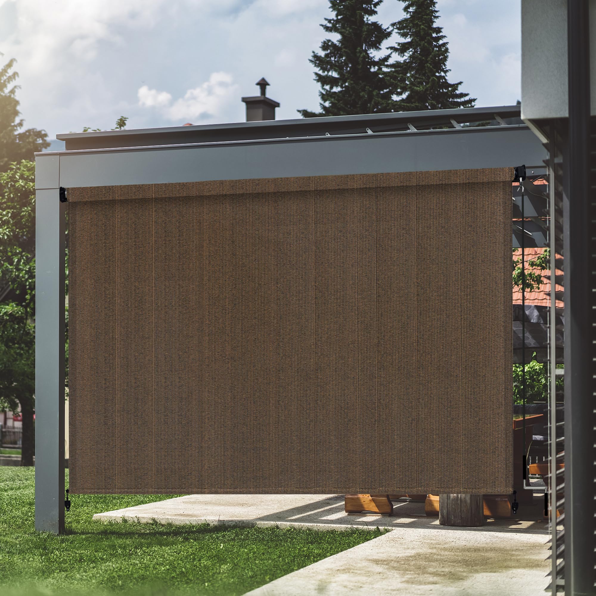 VICLLAX 7x8FT Outdoor Roller Shade - Cordless Patio Sun Shade in Mocha Brown | UV Protection for Deck, Porch & Backyard Relaxation