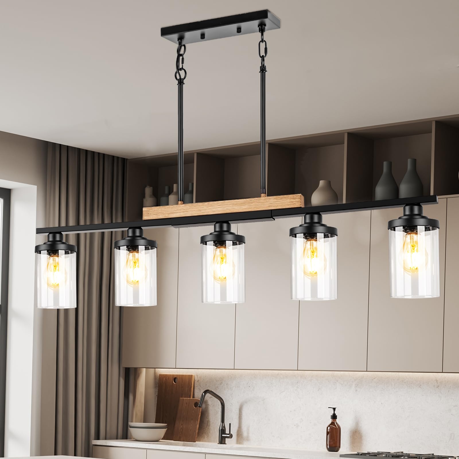 5-Light Farmhouse Kitchen Island Pendant Lighting - Adjustable Height Modern Black Chandelier for Dining Room, Table, and Sloped Ceiling | Perfect for Farmhouse, Industrial & Contemporary Home Decor