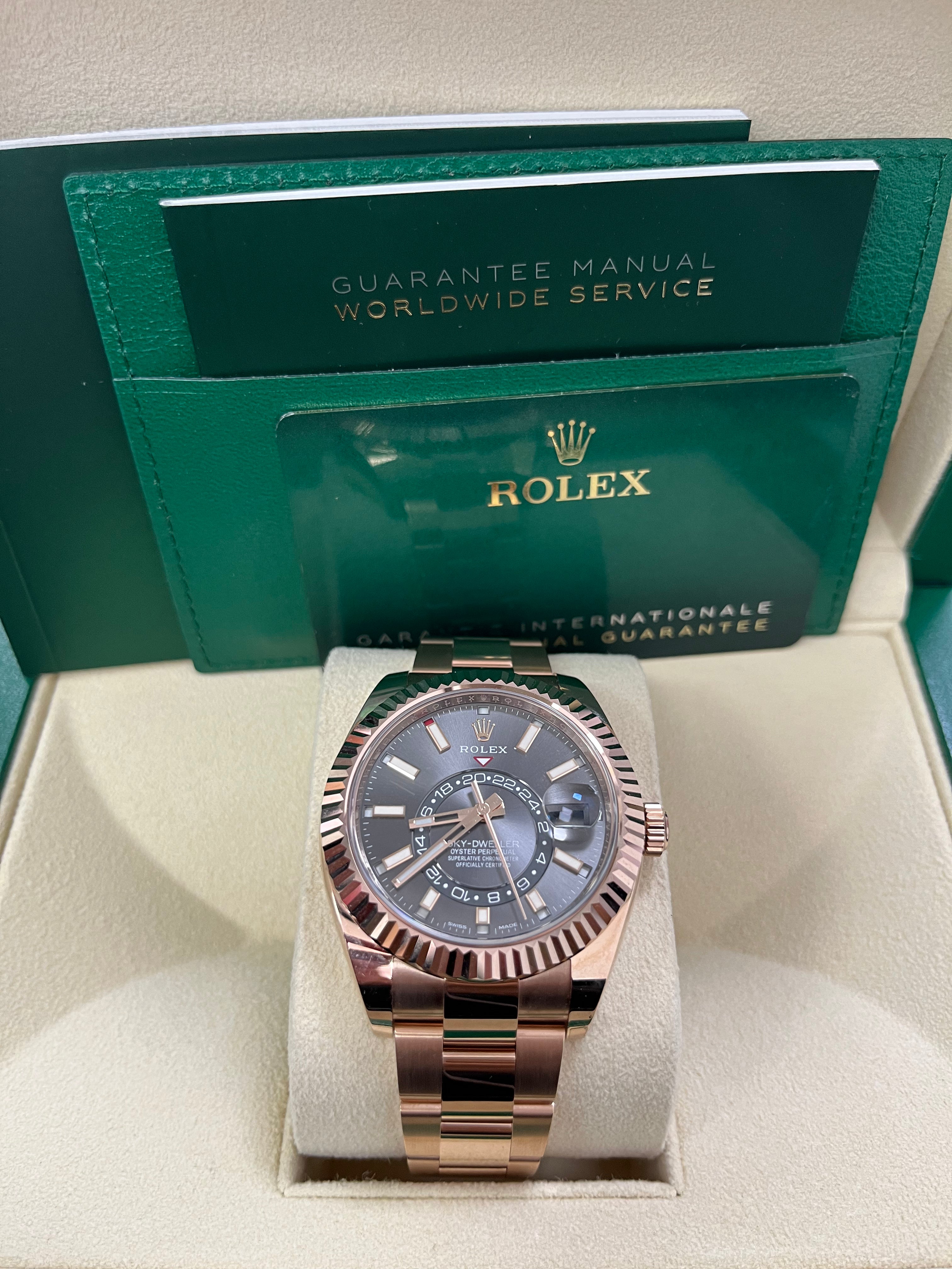 Luxury Rolex Sky Dweller Rose Gold Watch with Dark Rhodium Index Dial & Oyster Bracelet (Ref# 326935) - Perfect for Business Meetings, Formal Events & Luxury Collectors