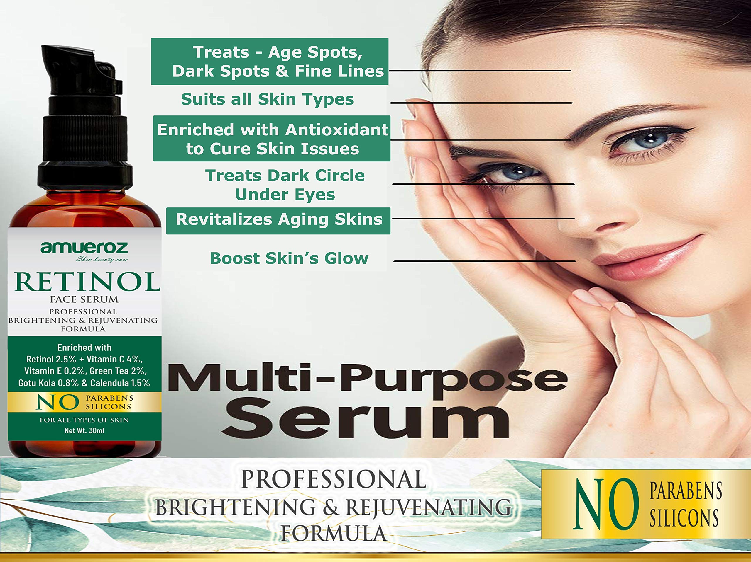 Amueroz Retinol Face Serum for Wrinkles - Vitamin C, Gotu Kola, Calendula, Vitamin E & Green Tea Extract - Anti-Aging, Acne Treatment & Brightening Facial Serum (30ml) - Perfect for Nighttime Skincare Routine & Daily Anti-Wrinkle Care
