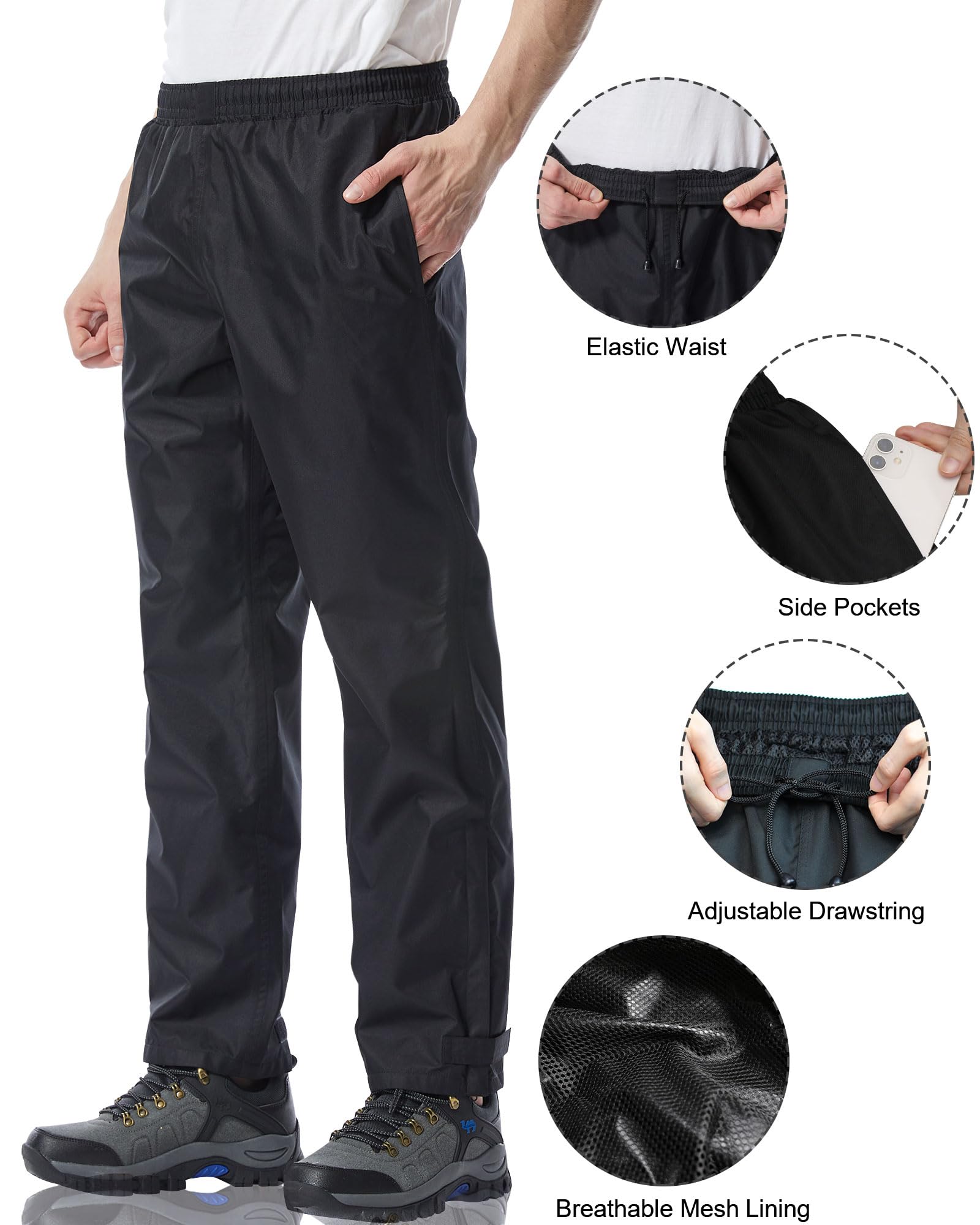 iCreek Men's Waterproof Rain Pants - Lightweight Windproof Hiking Over Pants for Outdoor Activities, Golf, Fishing & Work - Perfect for Wet Weather Adventures and Outdoor Sports