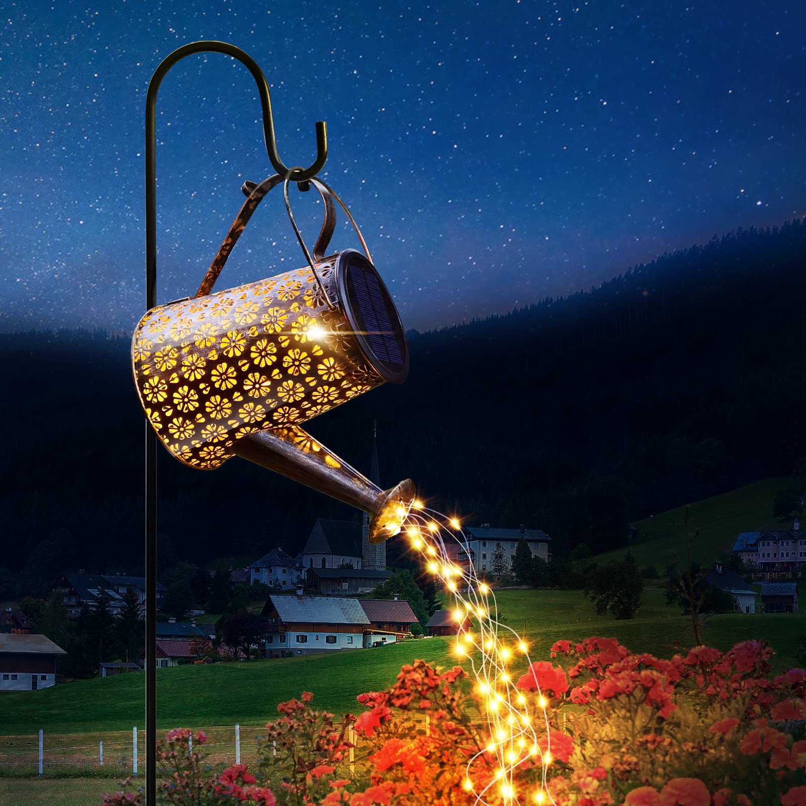 Solar Powered Outdoor Watering Can with LED Lights - Waterproof Hanging Garden Lantern for Yard, Pathway, Walkway & Table Decor - Retro Metal Kettle Design Perfect for Gardening Gifts & Evening Ambiance