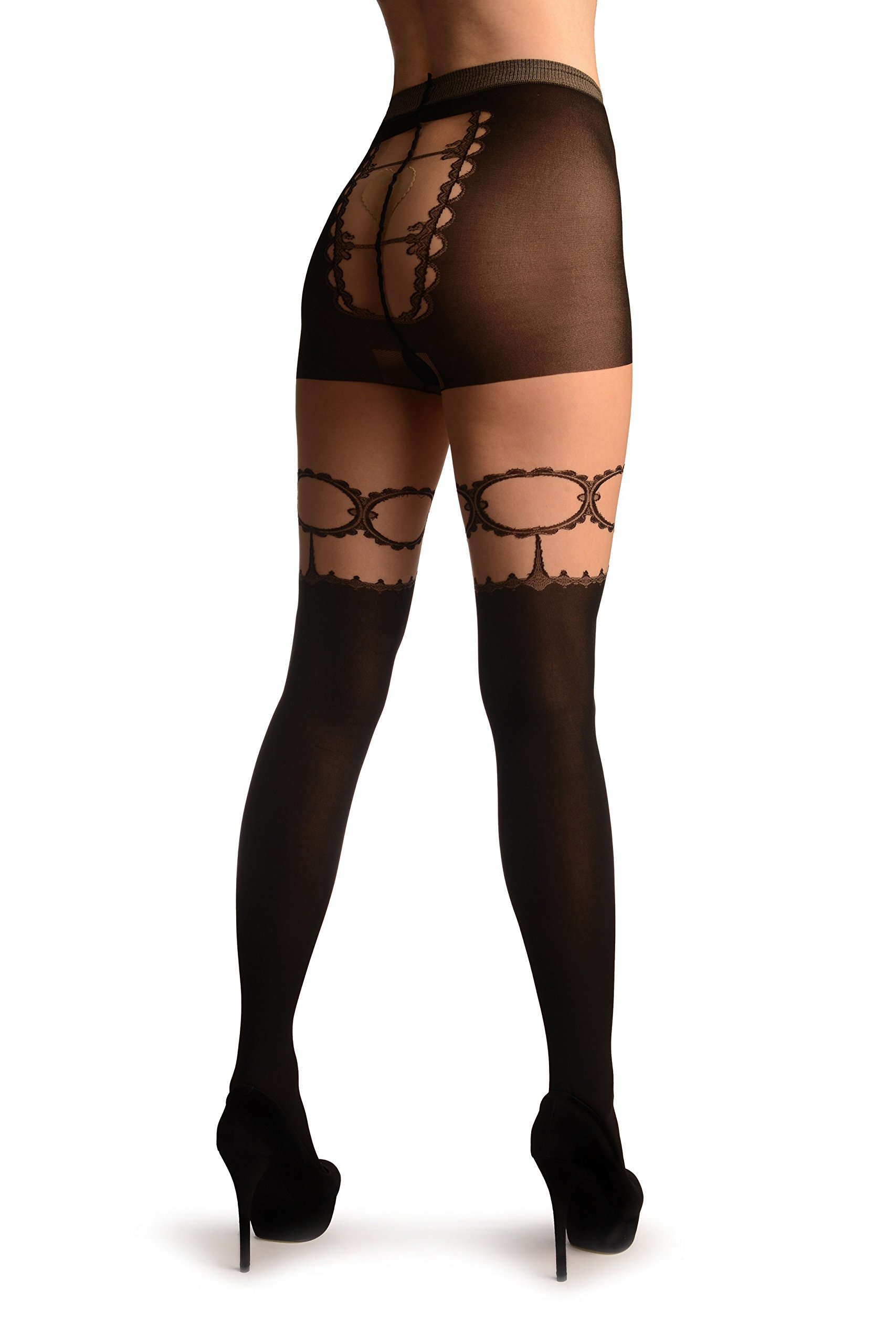 LissKiss Black Faux Stockings with Sheer Back - Sexy Pantyhose Tights for Women | Perfect for Date Night, Cosplay & Special Occasions