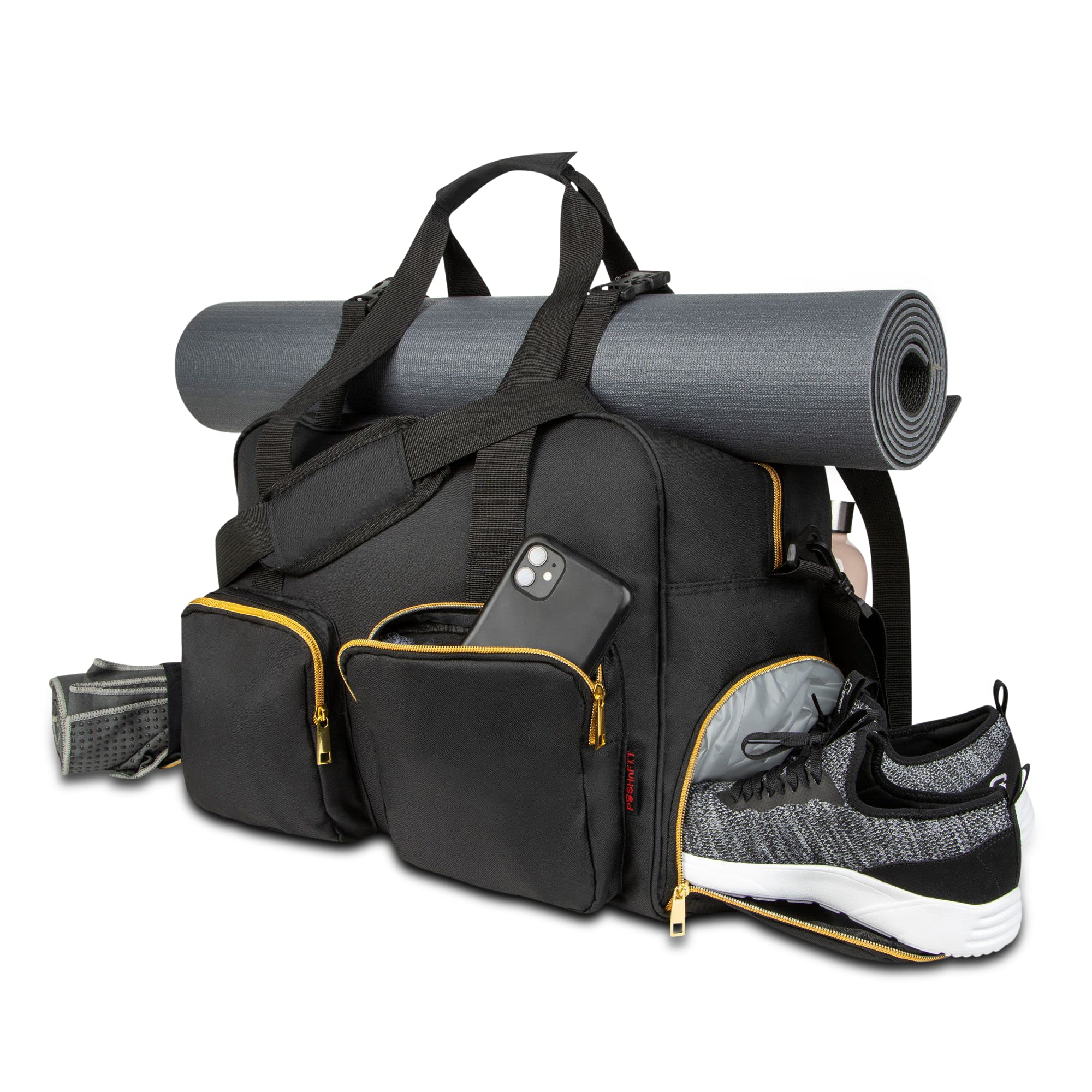 Women's Waterproof Gym Duffel Bag - Large Travel & Weekender Bag with Yoga Mat & Shoe Storage - Carry On Luggage for Fitness, Workouts & Travel (Black, Non-Quilted)