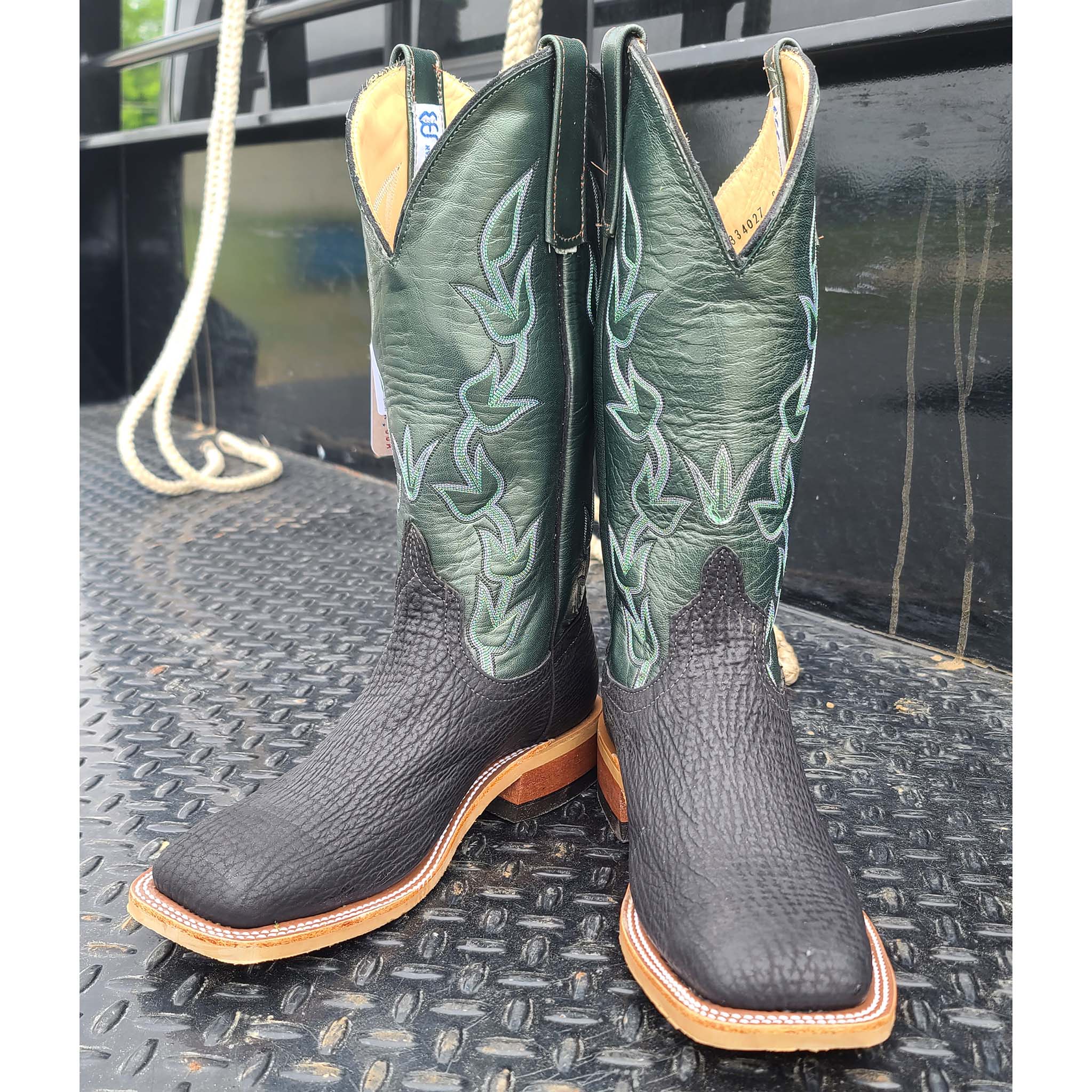 Anderson Bean Men's Black & Green Oiled Shark Leather Cowboy Boots - Durable Western Boots for Riding, Work & Country Style Fashion