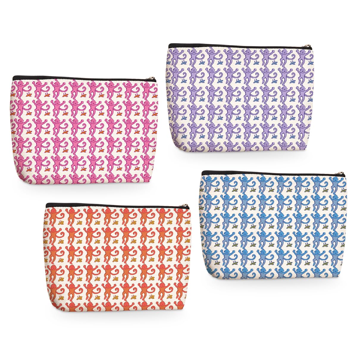4-Piece Preppy Makeup Bags Set - Cute Cosmetic & Travel Pouch for Women, Teen Girls - Perfect Birthday, Christmas, Friendship Gifts for Bestie, Sister, Niece & Monkey Lovers - Ideal for Travel, School & Daily Organization