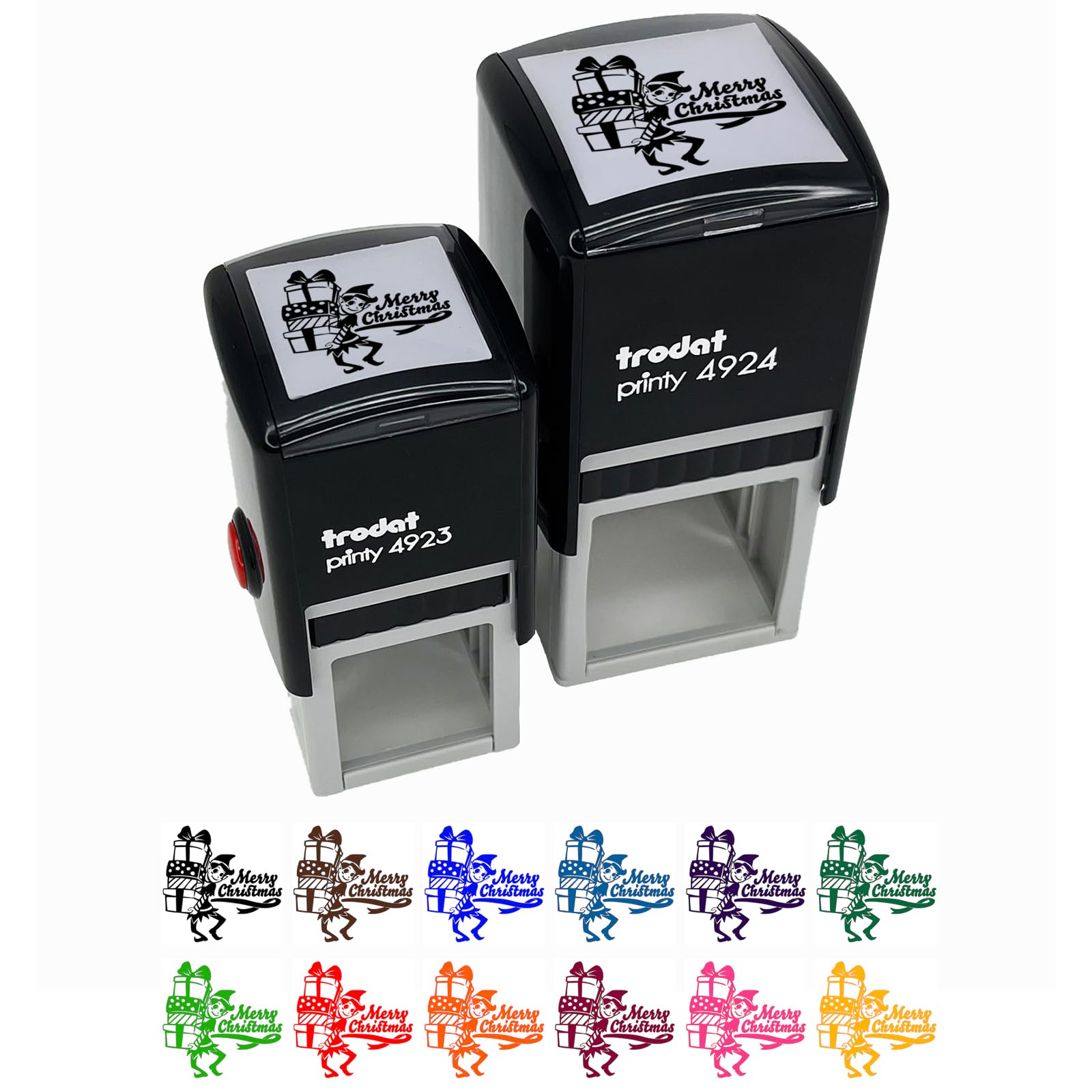 Self-Inking Rubber Stamp - 1 Inch Small Christmas Elf with Presents Design - Red Ink Stamper for Holiday Cards, Gift Wrapping & DIY Crafts