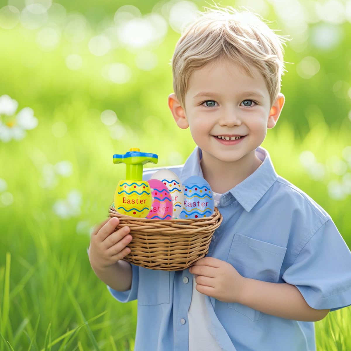 Pinkiwine 4 Pack LED Light Up Spinning Tops - Flashing Easter Egg Toys for Kids, Boys & Girls - Fun Party Favors, Easter Basket Stuffers & Holiday Gifts (Great for Easter Celebrations, Birthday Parties & Classroom Rewards)