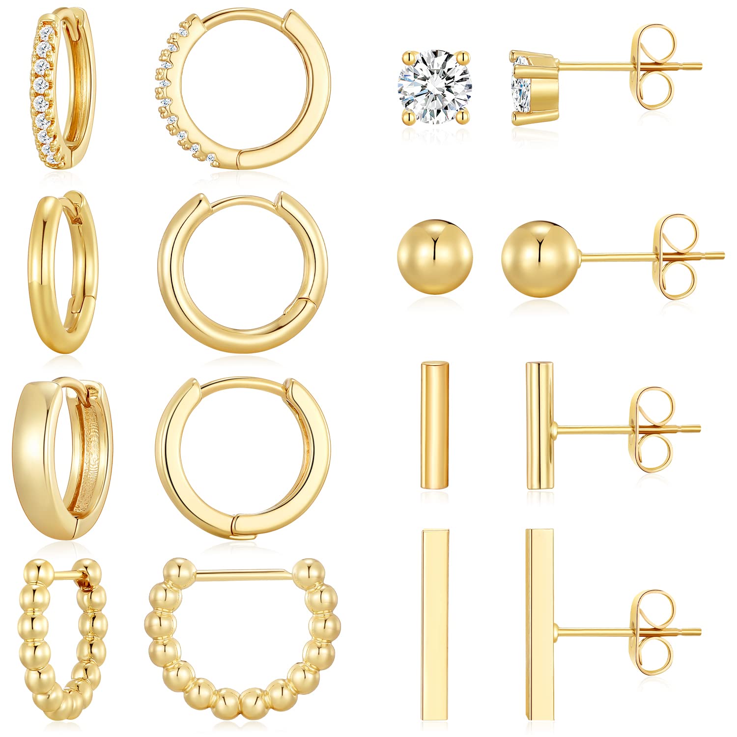 Dreamfox 6/8 Pairs Small Hypoallergenic 14K Gold Plated Huggie Hoop Earrings for Women - Minimalist Huggie Stud Earrings Set, Perfect Christmas Gift for Everyday Wear, Parties & Special Occasions