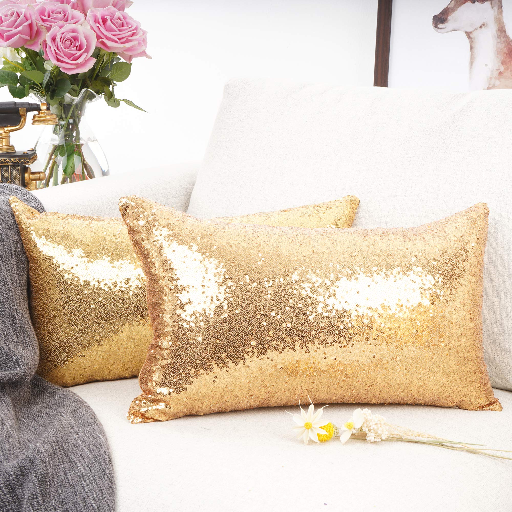 Luxury Gold Sequin & Satin Throw Pillow Cover Set of 2 - 12