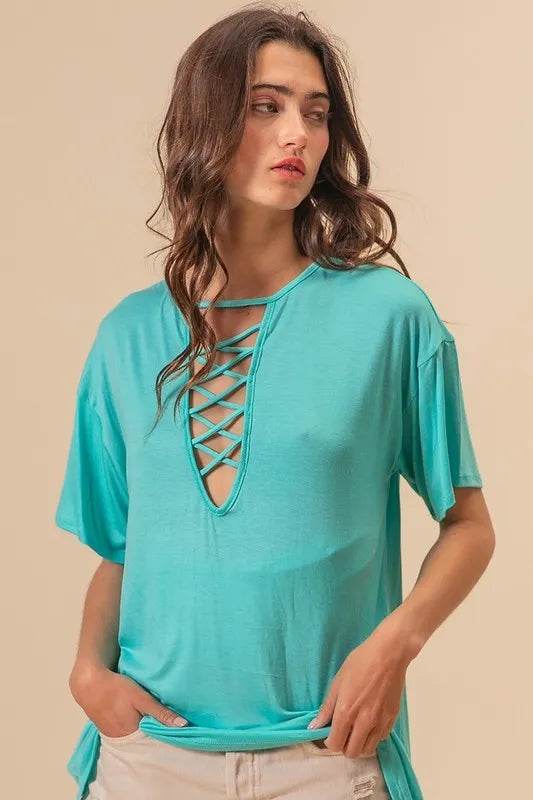 BiBi Jersey Knit Top with Criss Cross Front Neck Detail - Women's Casual V-Neck T-Shirt | Soft Stretch Fabric for Everyday Wear | Perfect for Work, Date Night & Weekend Outfits