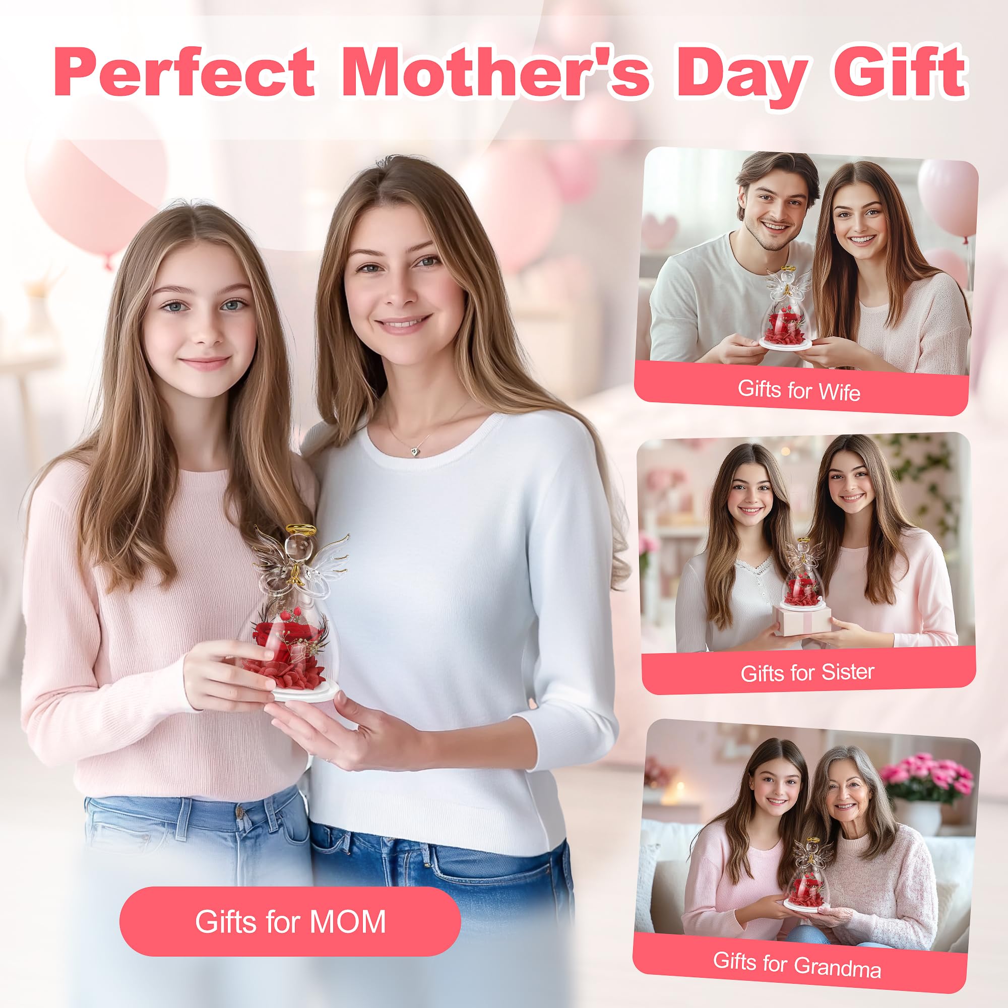 Preserved Red Rose in Glass Angel Figurine - Mother's Day Gift for Mom, Birthday Present for Women, Thoughtful Gift from Daughter, Angelic Keepsake for Grandma, Wife & Sister - Perfect for Home Decor, Wedding Souvenirs & Special Occasions