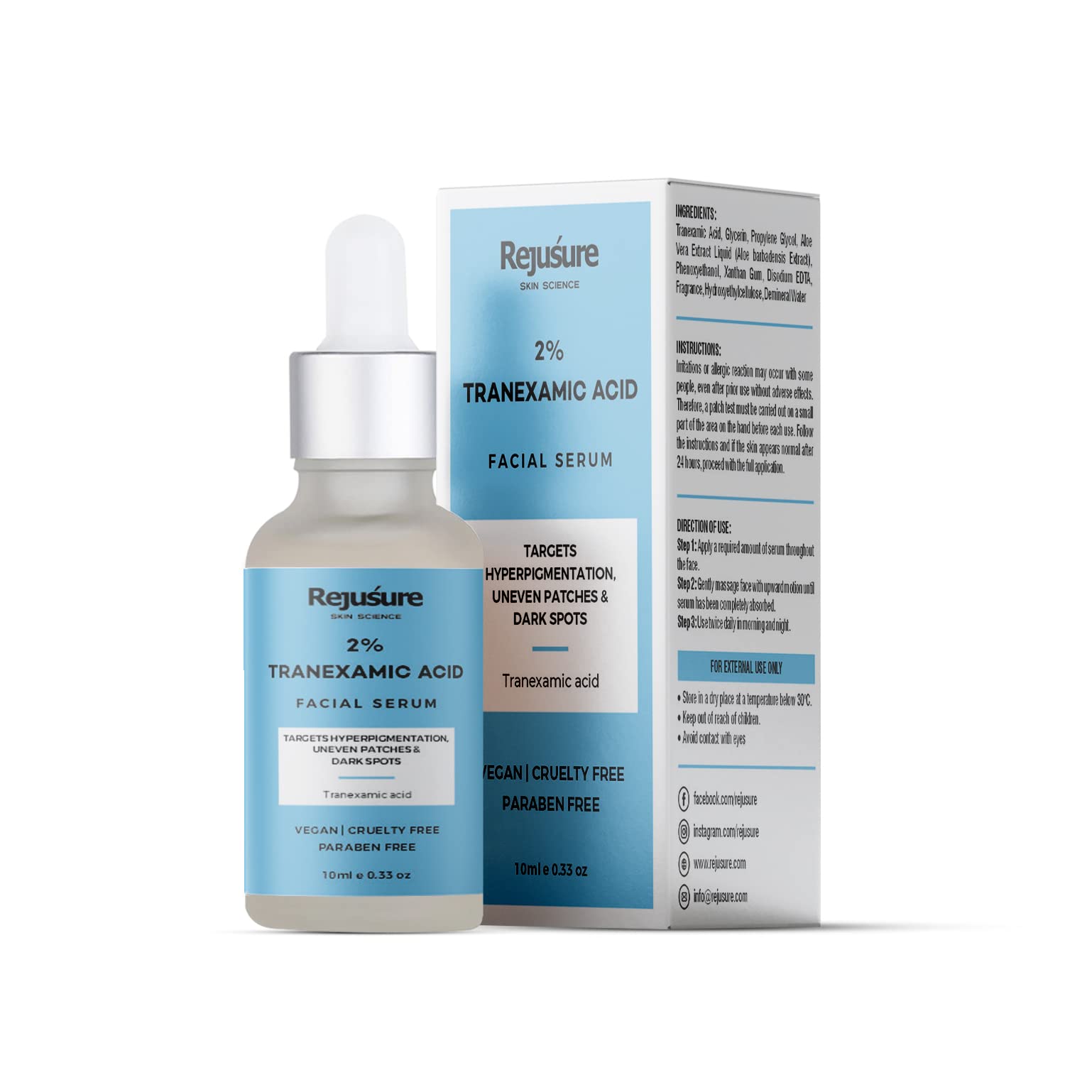 Rejusure 2% Tranexamic Acid Face Serum for Hyperpigmentation, Dark Spots & Uneven Skin Tone - Brightening Treatment for Men & Women | Cruelty-Free, Dermatologist Tested (10ml) | Perfect for Daily Skincare Routine & Post-Acne Marks