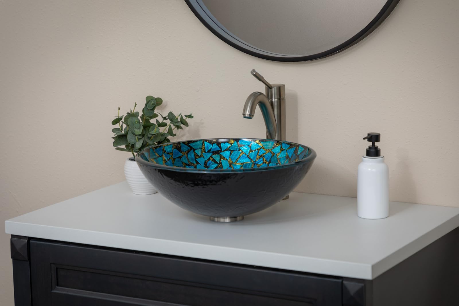 Blue and Gold Mosaic Round Glass Bathroom Vessel Sink - Modern Handmade Artisan Sink for Powder Rooms, Guest Baths & Luxury Home Decor