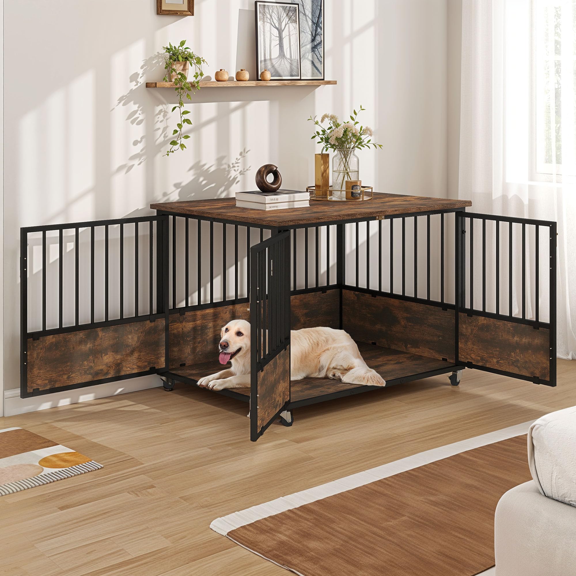 DWVO 43 Inch Rustic Brown Farmhouse Dog Crate Furniture with Wheels - Chew-Resistant Wooden Dog Kennel Indoor End Table with Double Doors | Perfect for Living Room, Bedroom & Home Decor