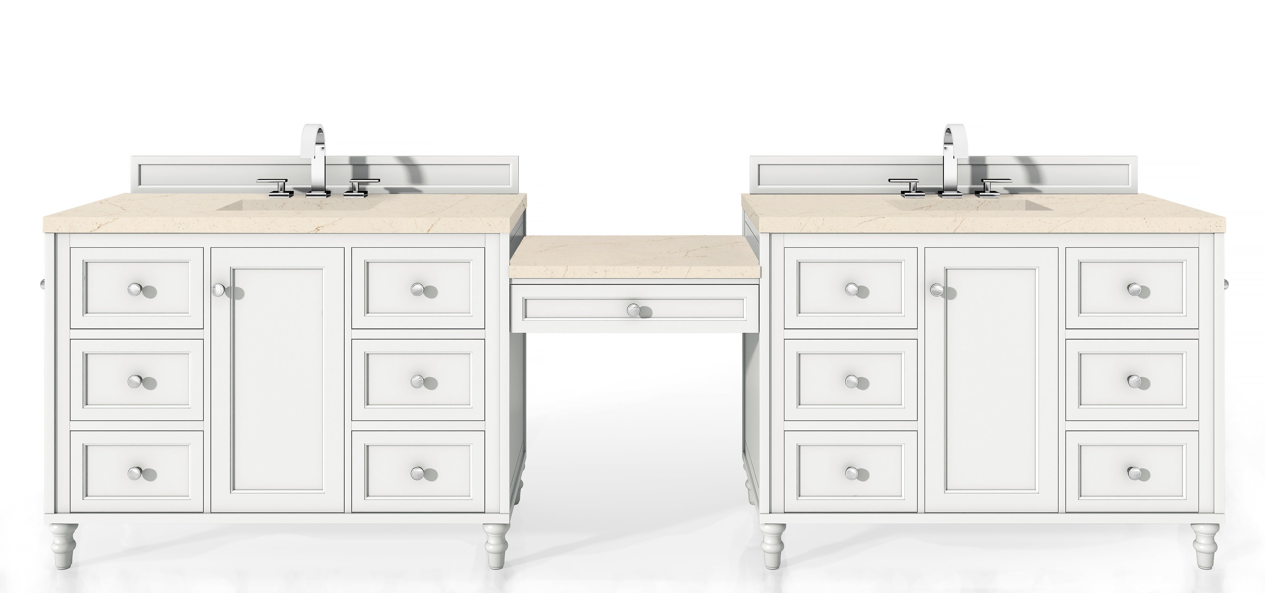 Copper Cove Encore 122 Double Vanity Set with Makeup Table - Bright White Finish & 3CM Eternal Marfil Quartz Top | Modern Bathroom Vanity for Master Bath, Guest Bath & Home Renovation