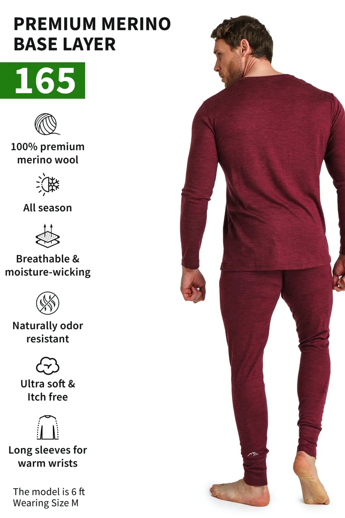 Men's Merino Wool Thermal Underwear Set - 165 Burgundy Red Base Layer for Cold Weather Hiking, Skiing & Winter Sports