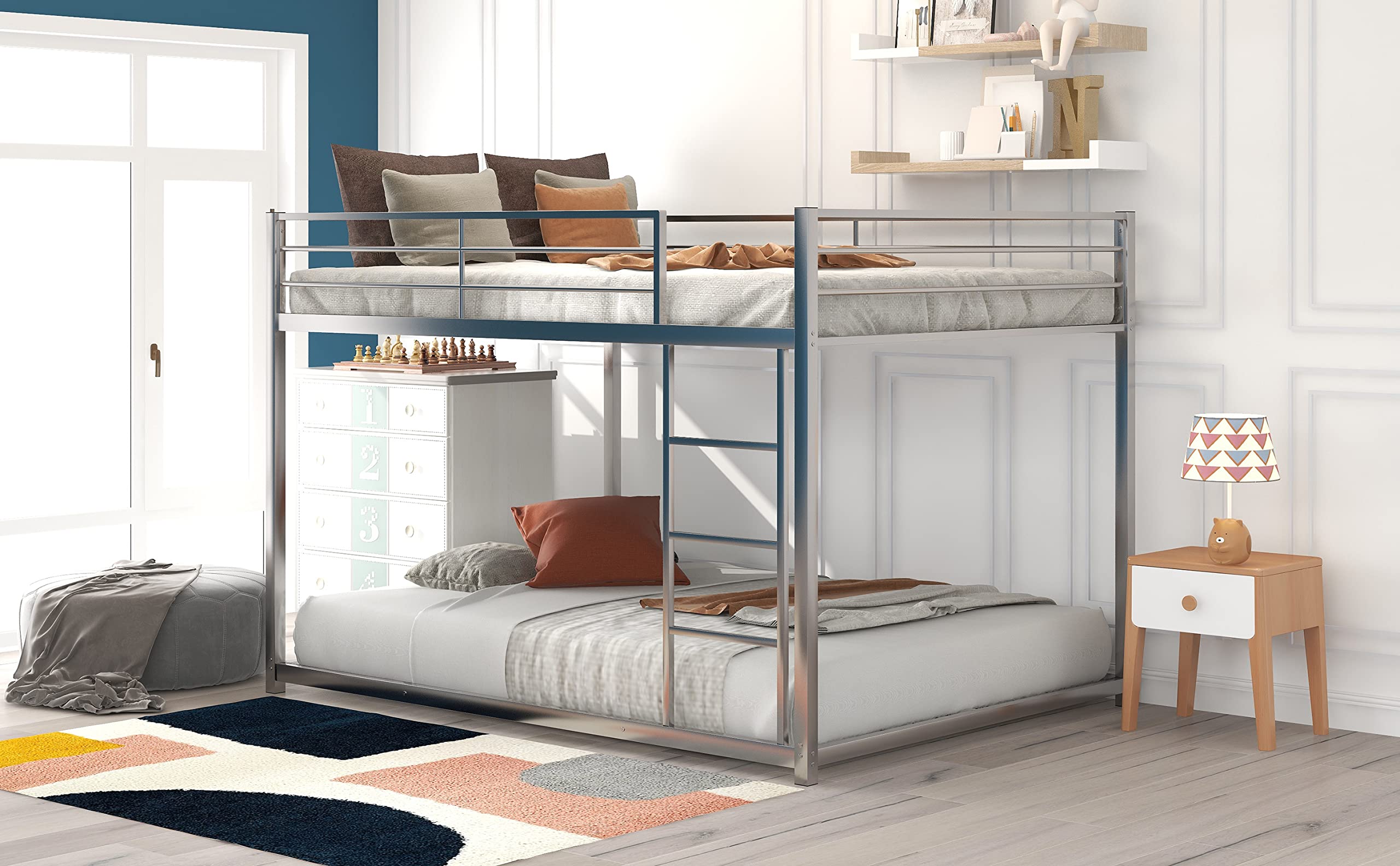 Full Over Full Metal Bunk Bed - Heavy Duty Low Profile Bunk Bed Frame with Safety Guard Rails & Flat Ladder for Kids, Teens, Adults (Silver) | Perfect for Small Bedrooms, Dorms, Guest Rooms & Vacation Homes