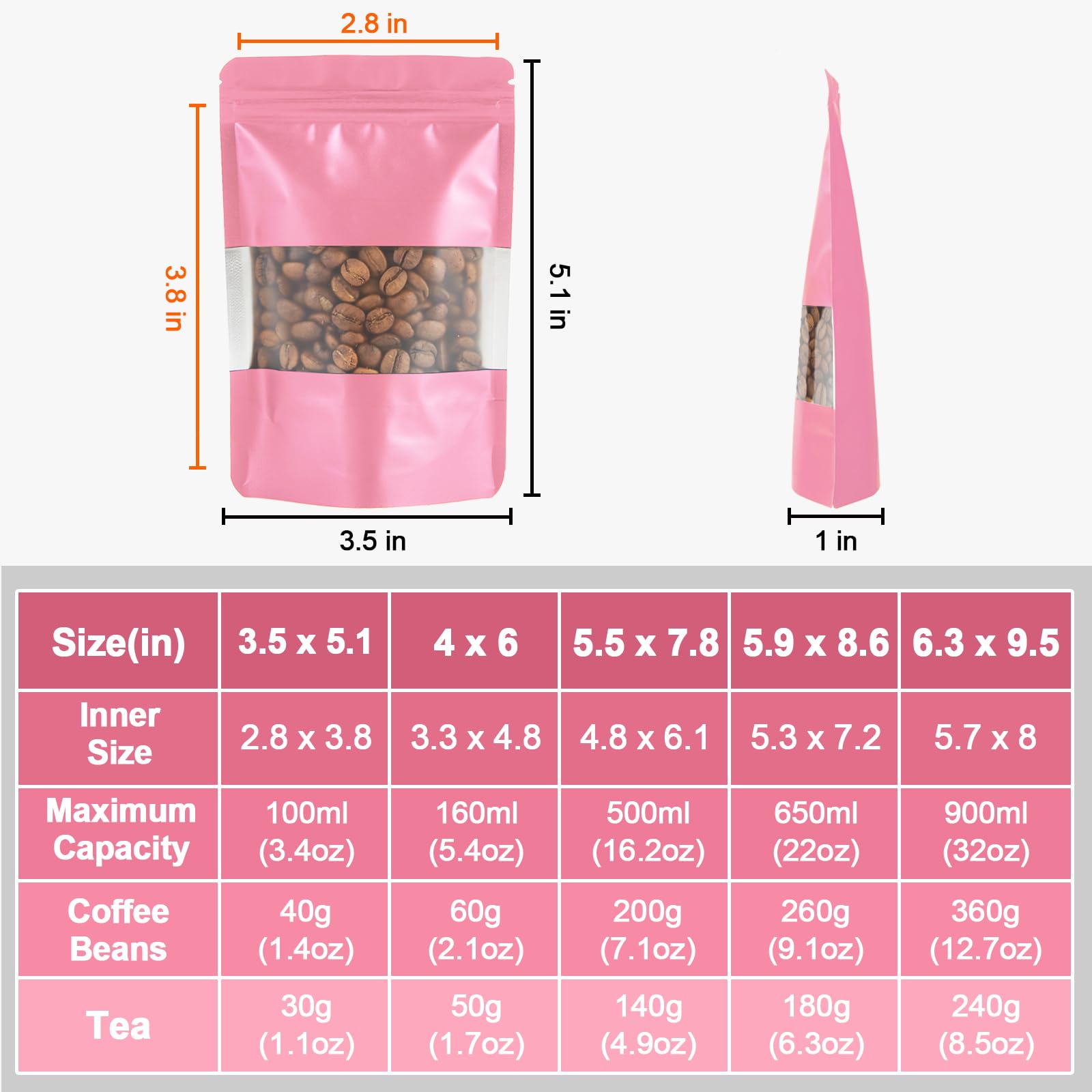 100 Pack Resealable Mylar Bags with Clear Window & Zipper Lock - 3.5