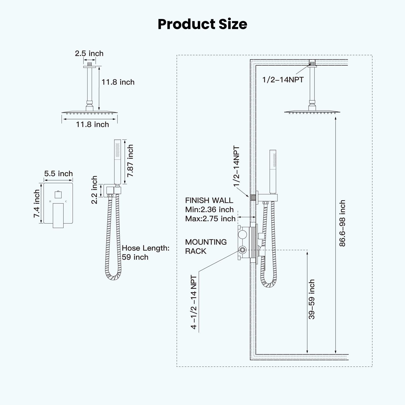 Gotonovo 12 Inch Chrome Polished Ceiling Mount Shower Faucet Set - Square Rainfall Showerhead & 2-in-1 Cylindrical Handheld Shower with Rough-in Valve | Luxury Bathroom Shower System for Modern Homes & Spa-Like Experience