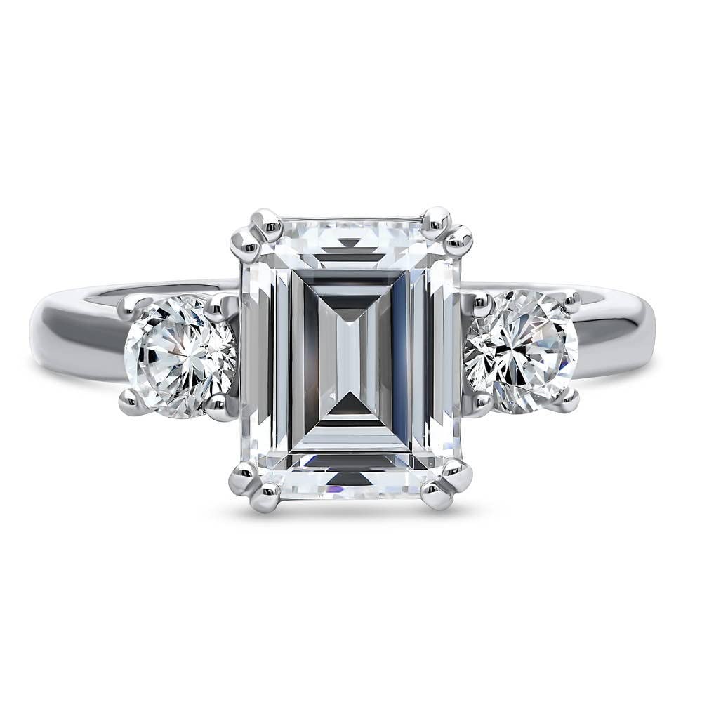 BERRICLE Sterling Silver 3-Stone Wedding & Engagement Ring - 2.6ct Emerald Cut Cubic Zirconia CZ Promise Ring for Women, Rhodium Plated (Size 4-10) - Perfect for Proposals, Anniversaries & Special Occasions