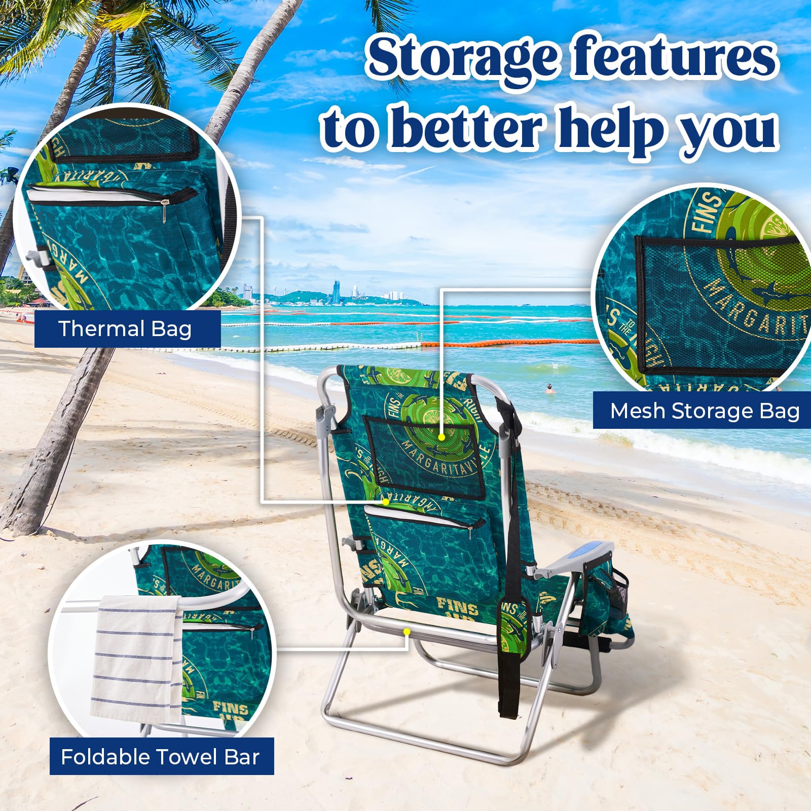 Portable Folding Camping Beach Chair for Adults - Lightweight Outdoor Lounge Chair with Footrest, Backpack Straps, Towel Bar, Cooler Pouch & Cup Holder - Perfect for Beach, Picnic, Backyard & Travel (Geometric Green)